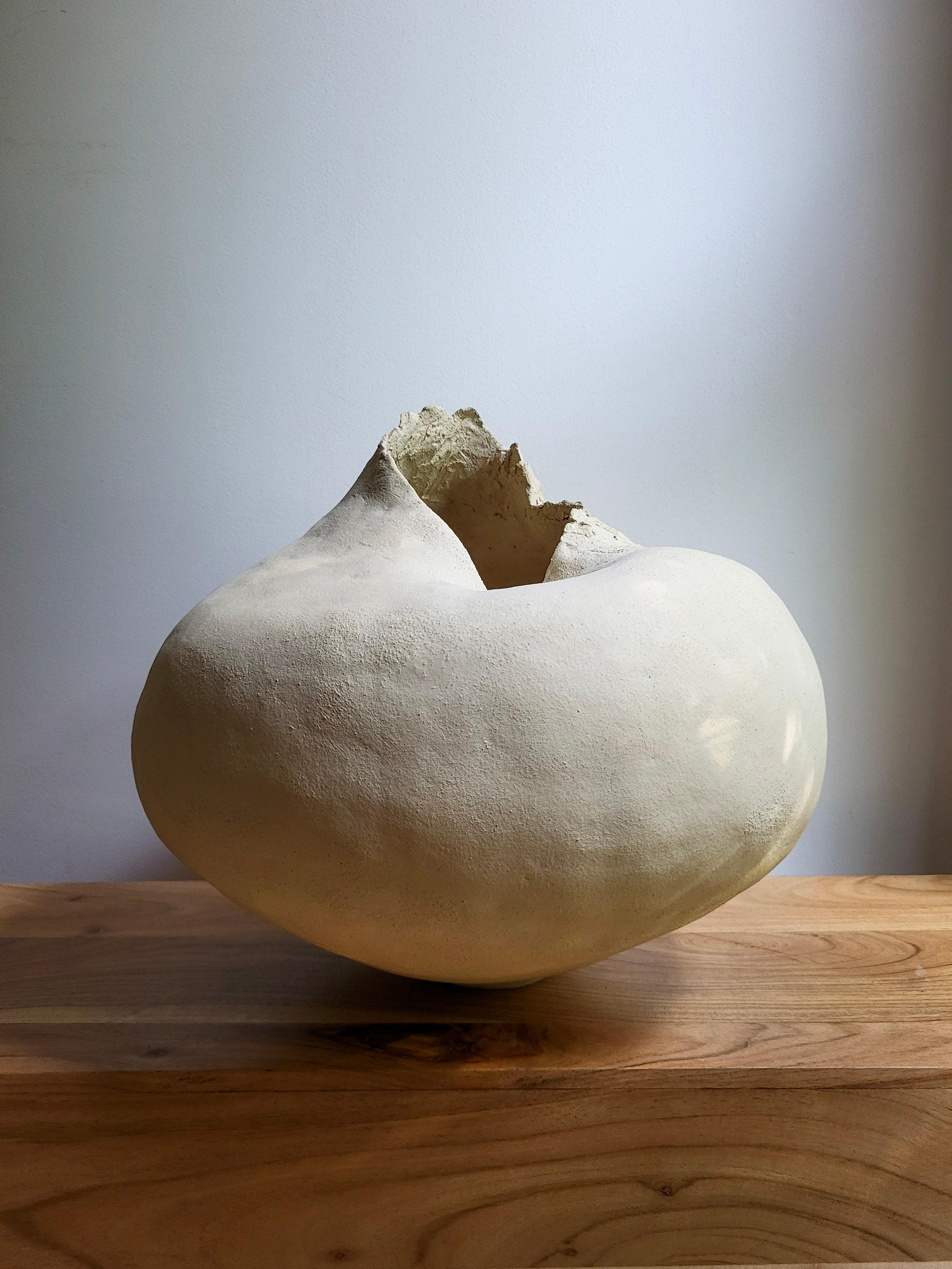 Organic Modern Hand-Built Ceramic Sculpture in Beige Stoneware - Erosion’s Memory I For Sale