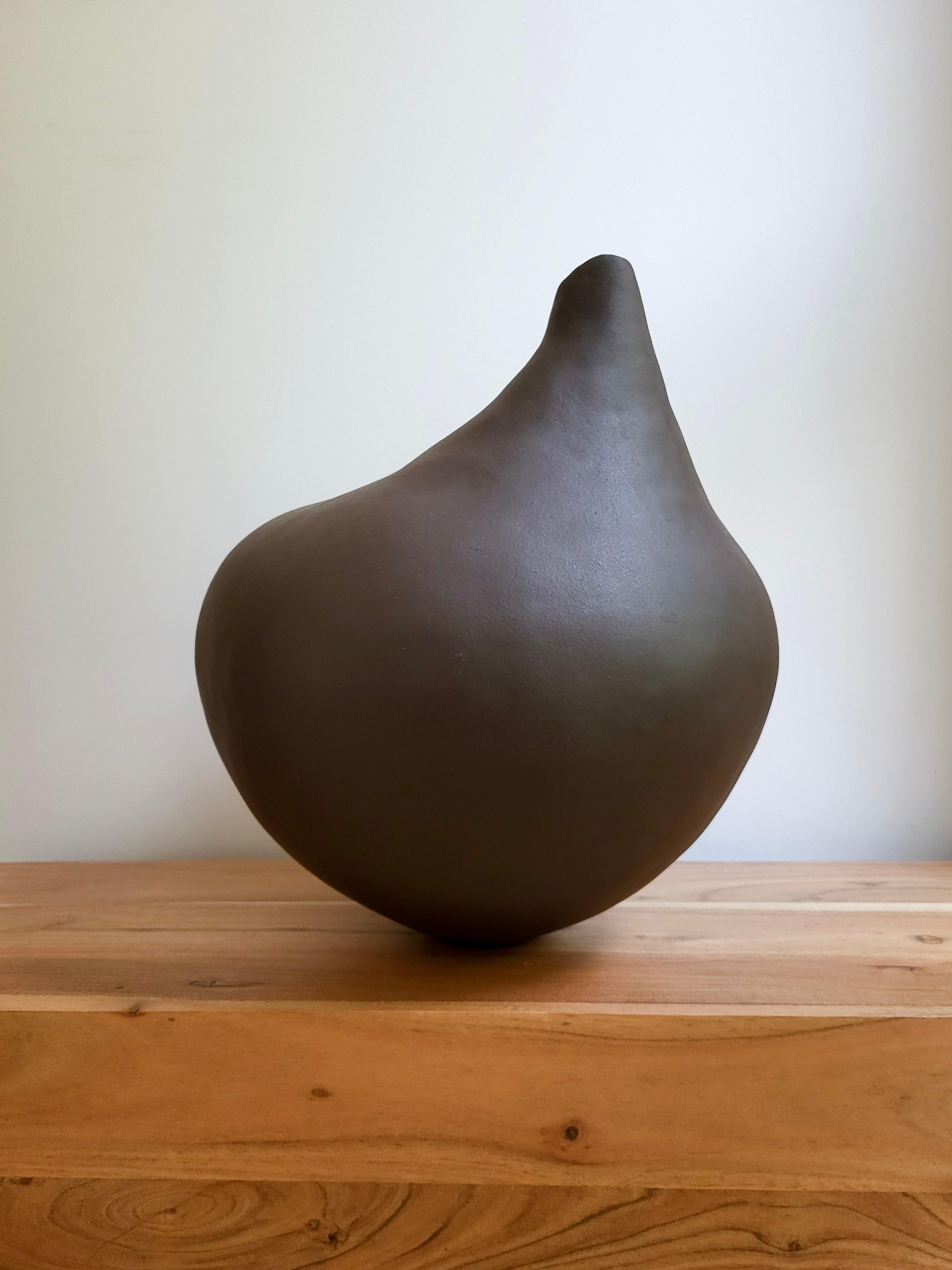 French Hand-Built Ceramic Sculpture in Black Stoneware - Blossom II For Sale