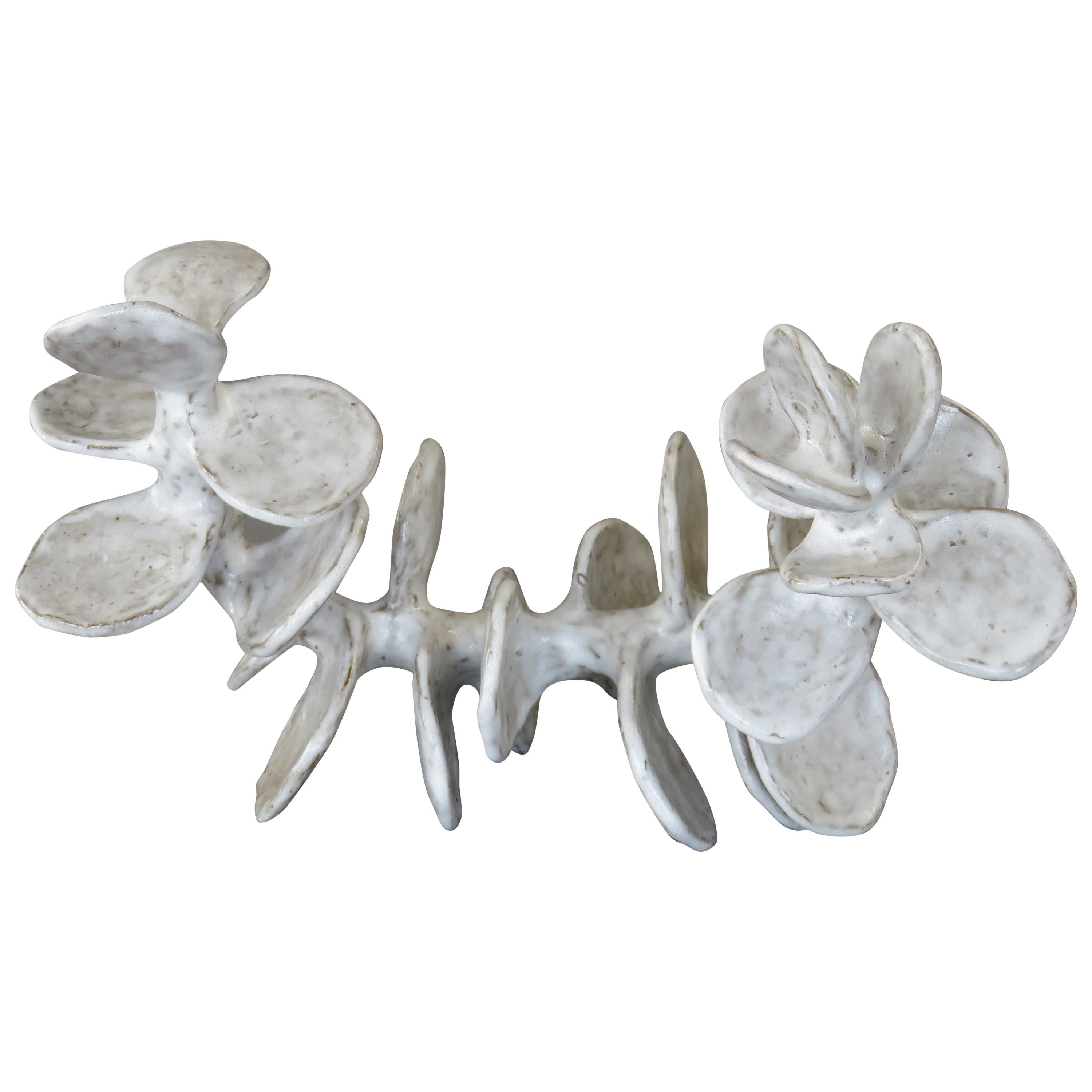 Handbuilt Ceramic Sculpture, Reclining Skeletal Spine in Mottled White