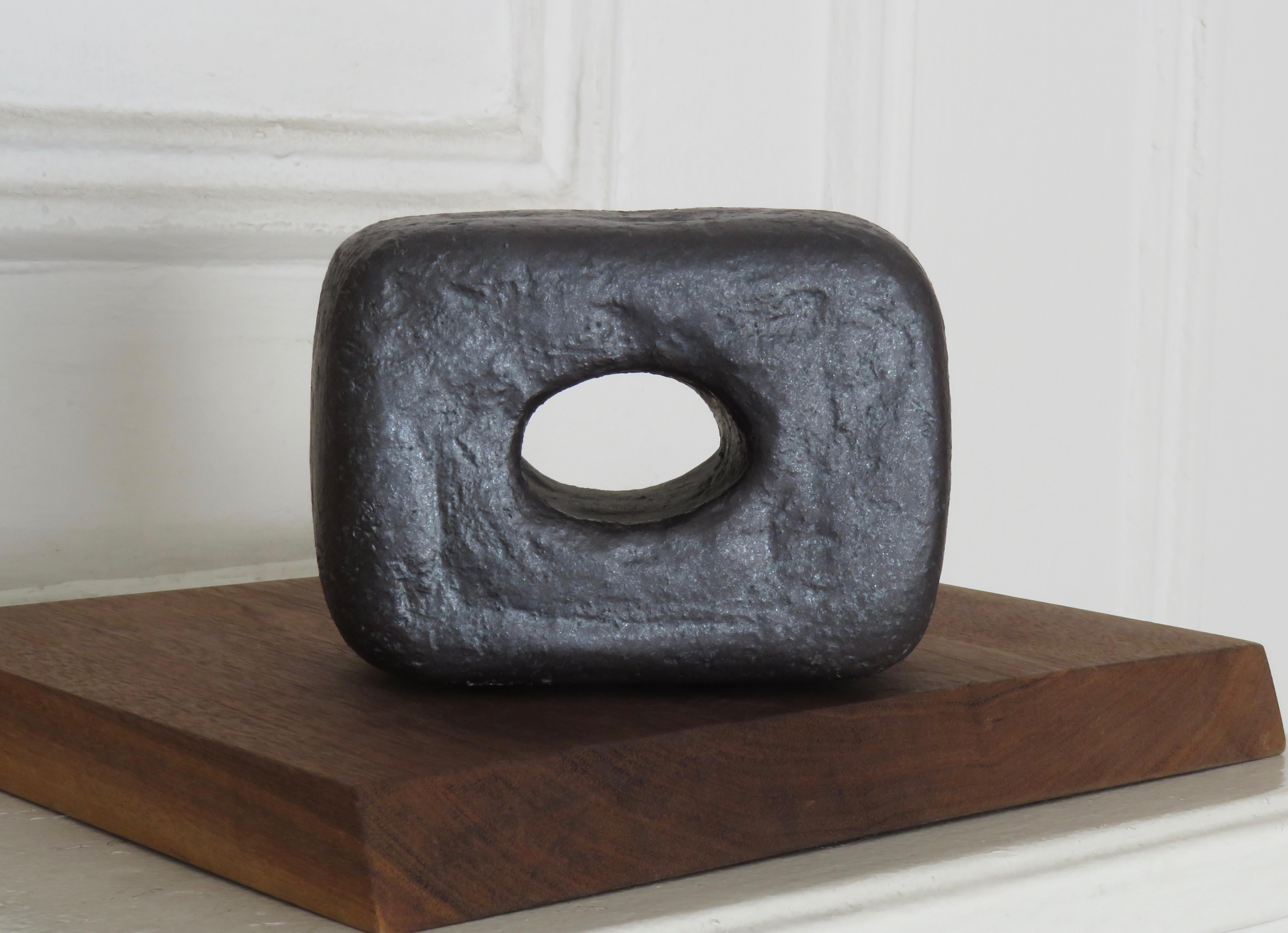 Hand Built Ceramic Sculpture, Oblong Cube with Oval Opening in Metallic Black 1