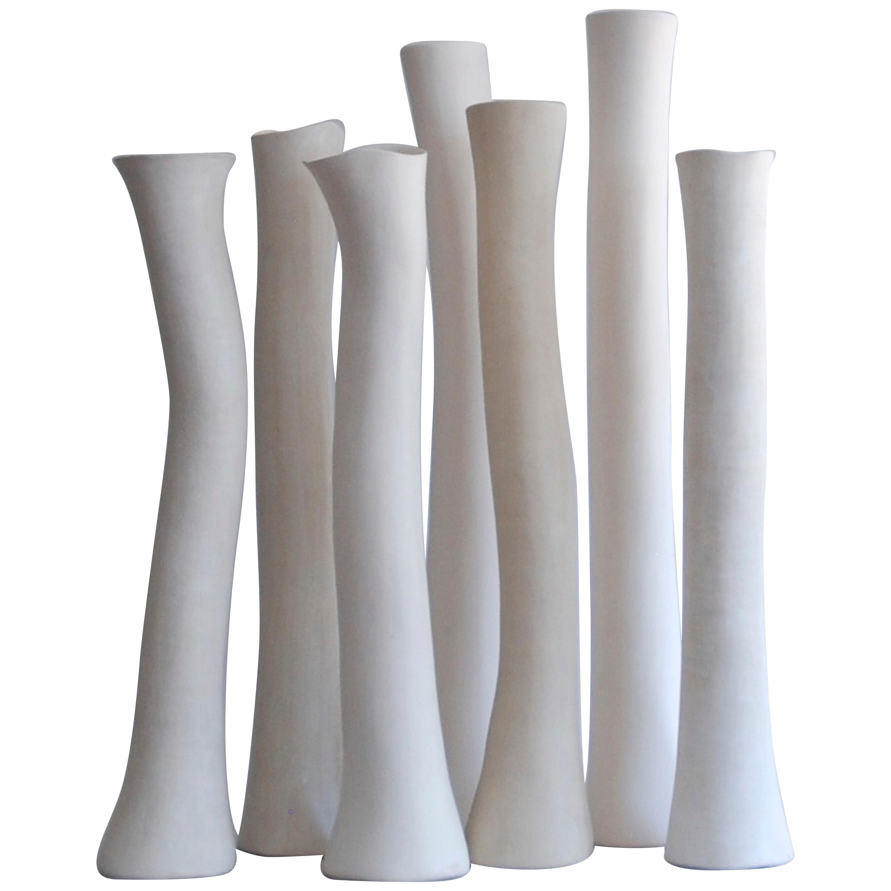 Tall Arcing Ceramic Vase, White Glaze with Brown Edge, Hand Built 5