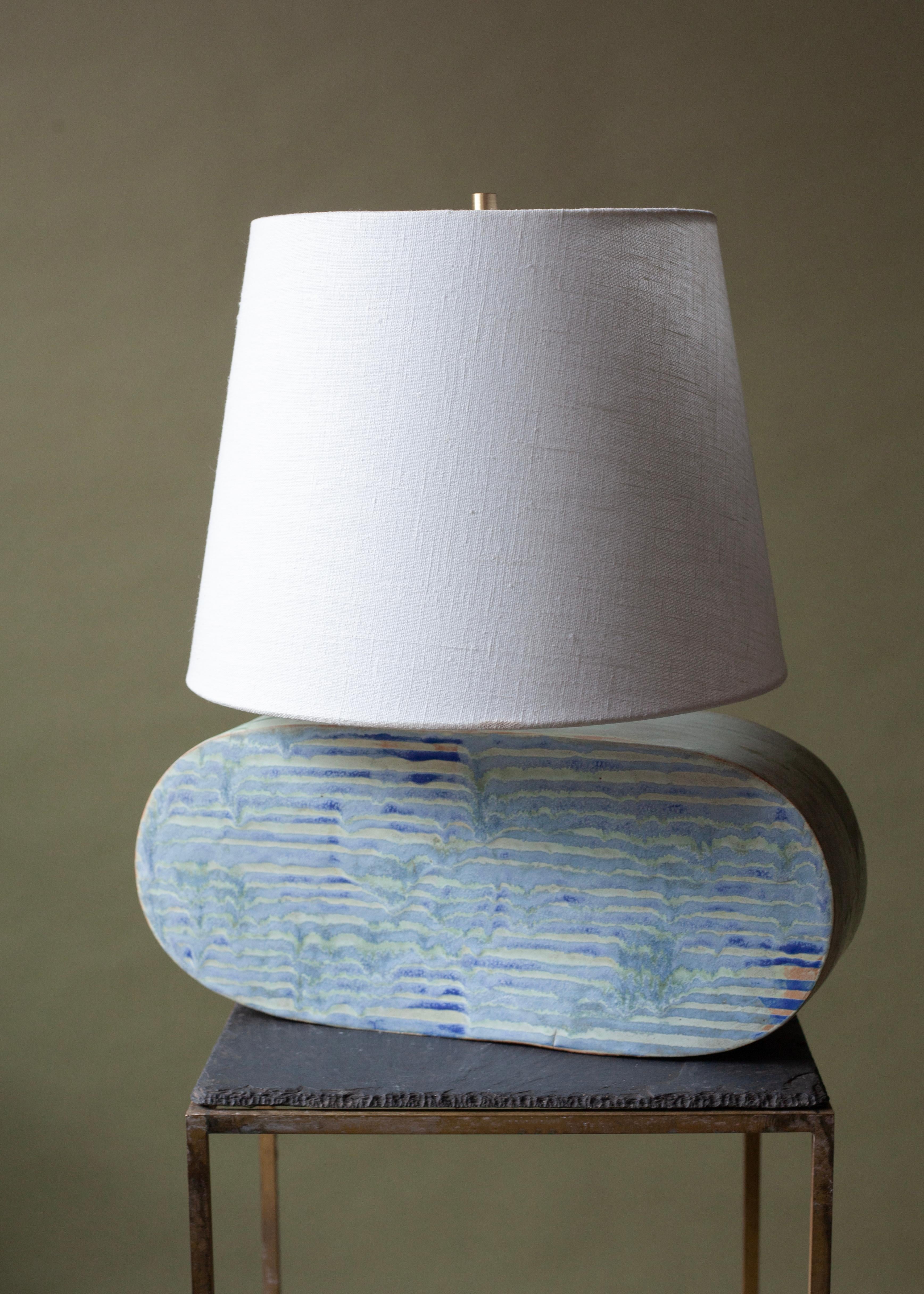Modern Hand-Built Coastal Ceramic Lamp, Green and Blue Stoneware with Linen Shade For Sale