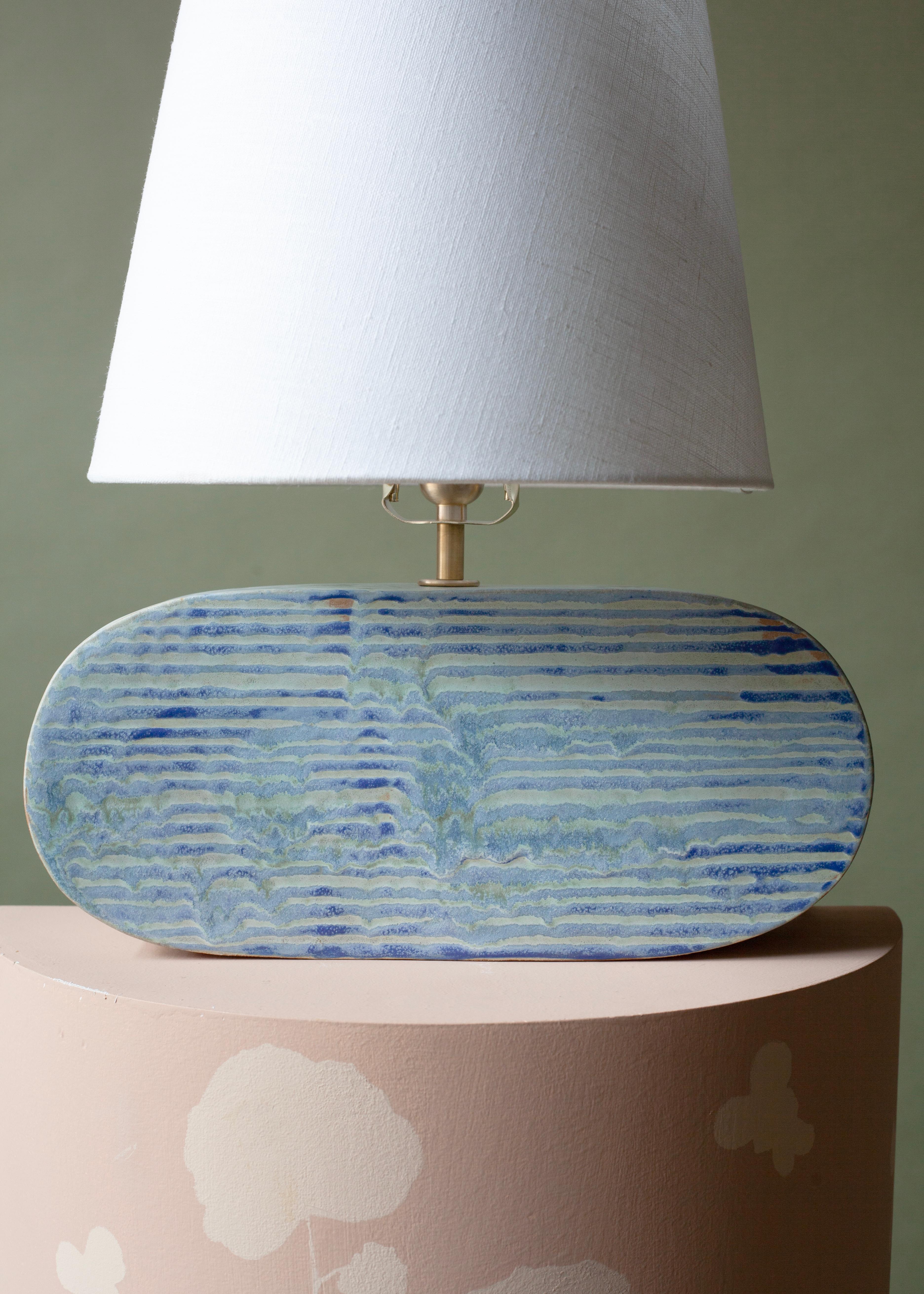 American Hand-Built Coastal Ceramic Lamp, Green and Blue Stoneware with Linen Shade For Sale