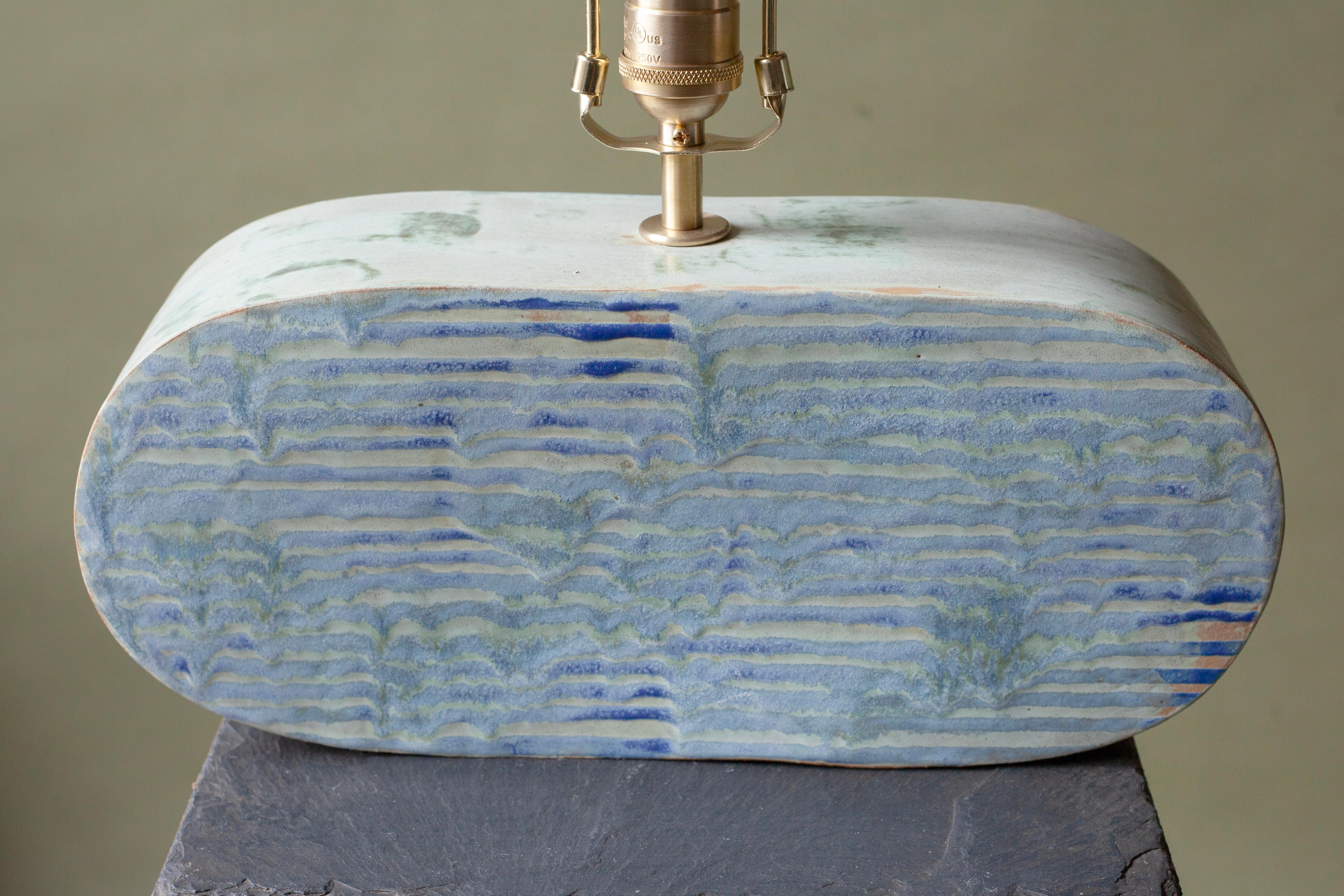 Contemporary Hand-Built Coastal Ceramic Lamp, Green and Blue Stoneware with Linen Shade For Sale