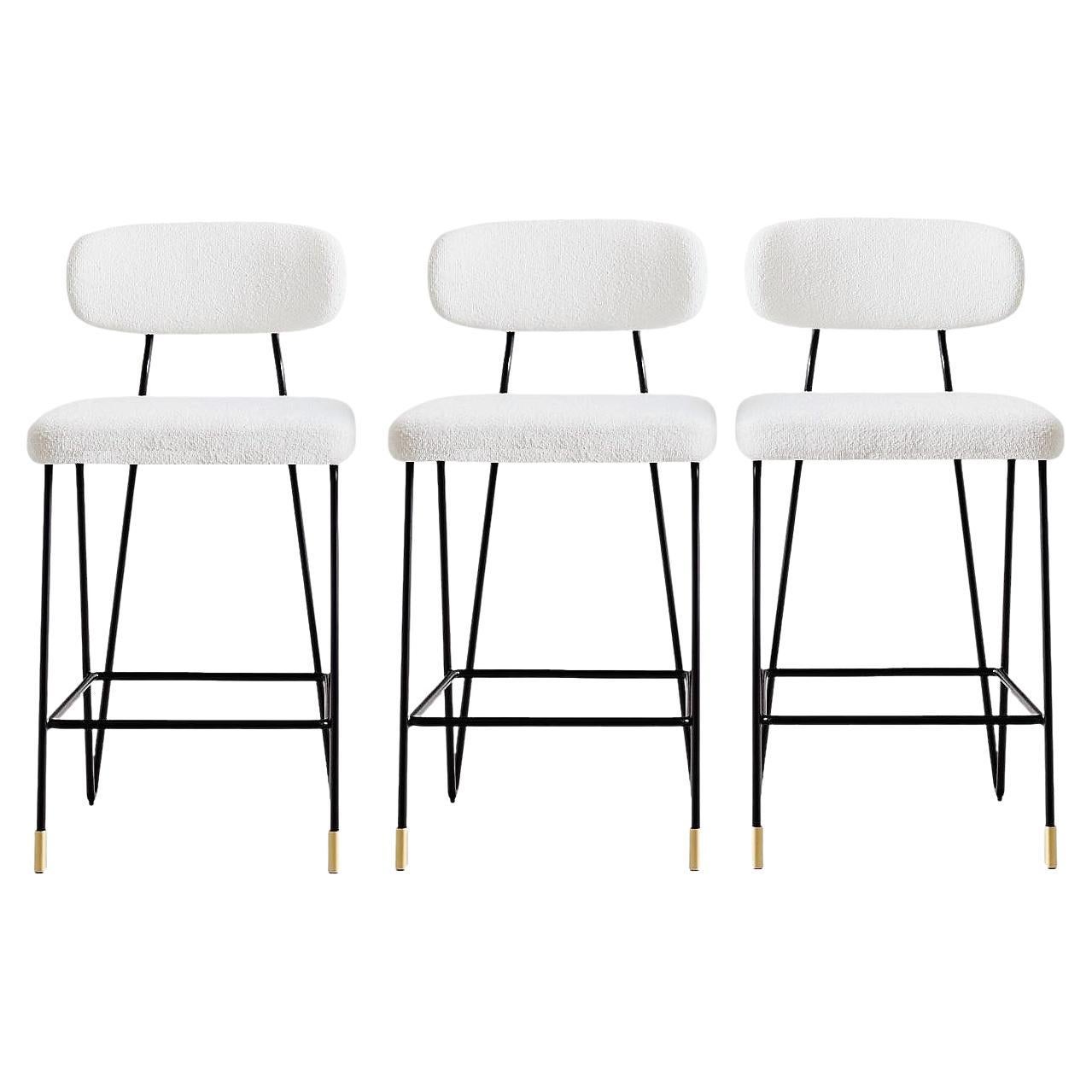 Boucle Upholstered Set of 3 Counter or Bar Stools  For Sale