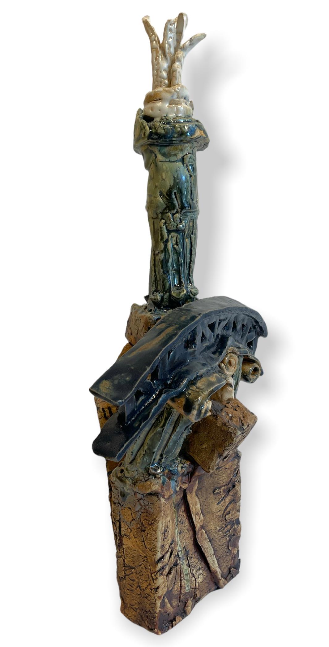 American Hand Built Earthenware Sculpture with Doric & Ionic Columns, Drip Glaze