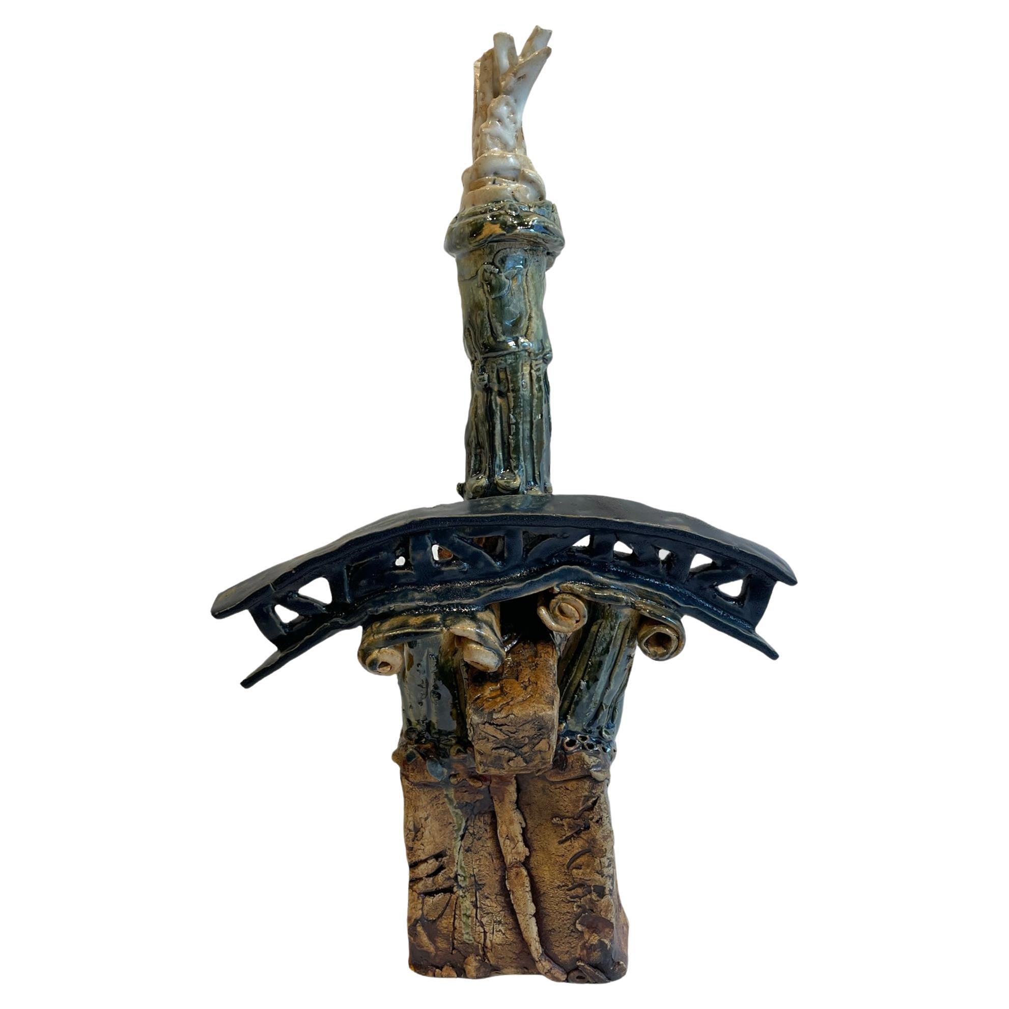 Hand Built Earthenware Sculpture with Doric & Ionic Columns, Drip Glaze