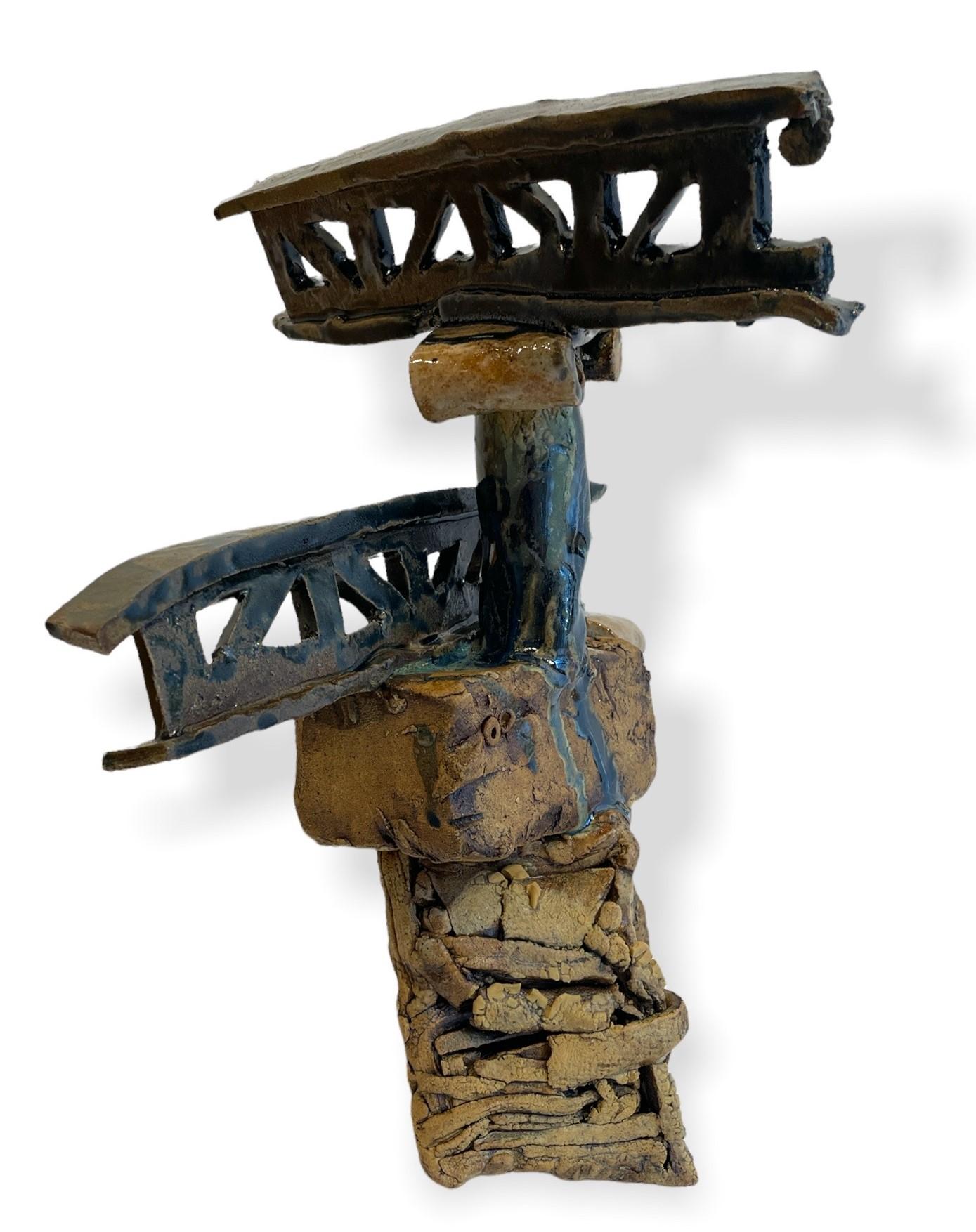 Industrial Hand Built Earthenware Sculpture with Ionic Columns & Bridge Girders, Drip Glaze