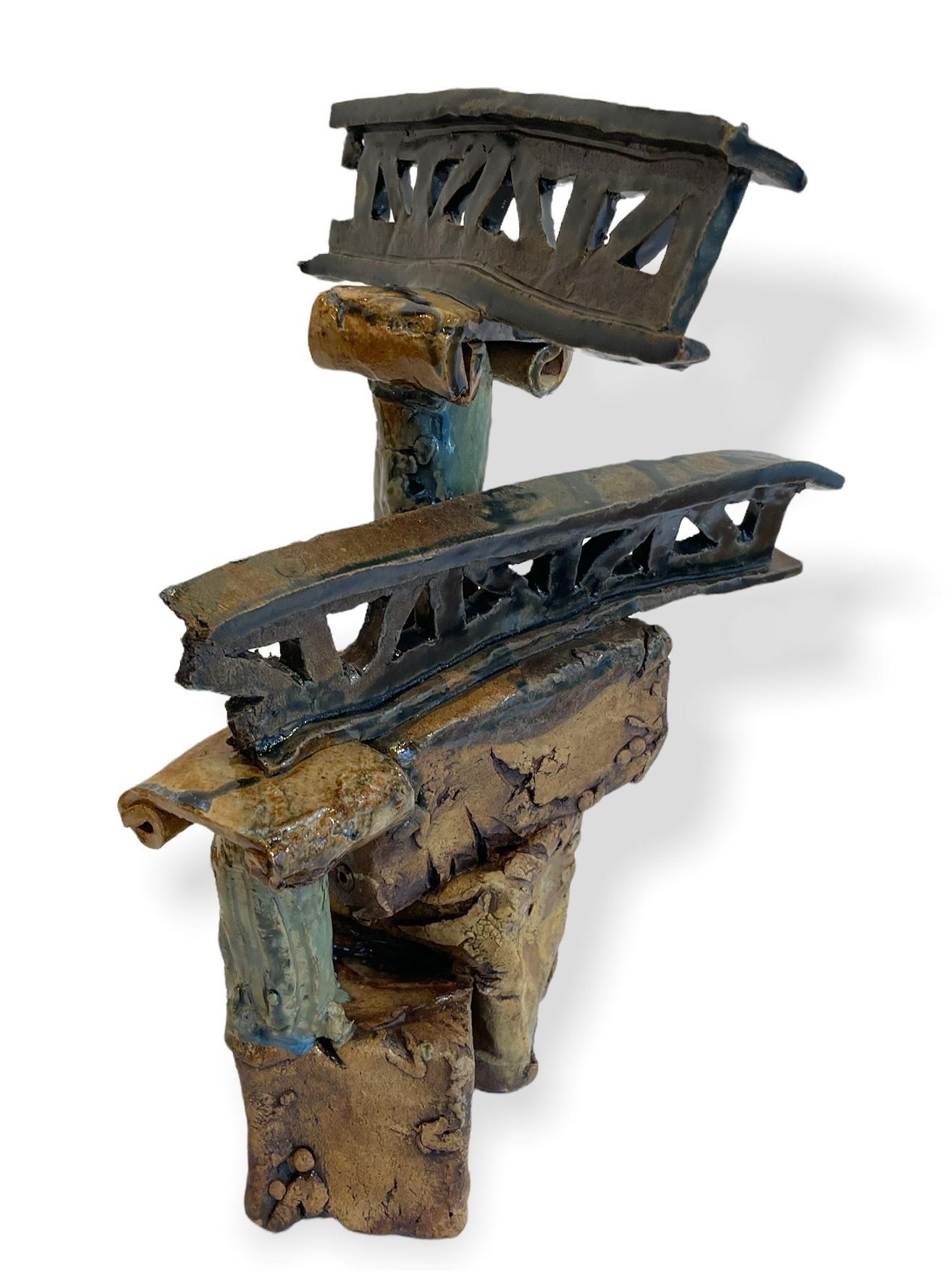 Hand-Crafted Hand Built Earthenware Sculpture with Ionic Columns & Bridge Girders, Drip Glaze