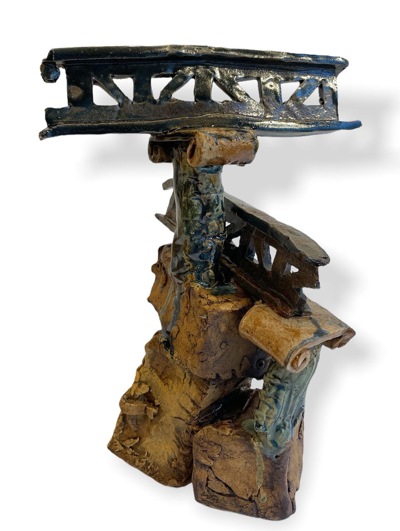 Hand Built Earthenware Sculpture with Ionic Columns & Bridge Girders, Drip Glaze In New Condition In Chicago, IL