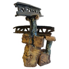 Hand Built Earthenware Sculpture with Ionic Columns & Bridge Girders, Drip Glaze