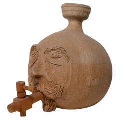 Hand-Built Folk Art Ceramic Face Vessel with Wooden Spigot Studio Pottery