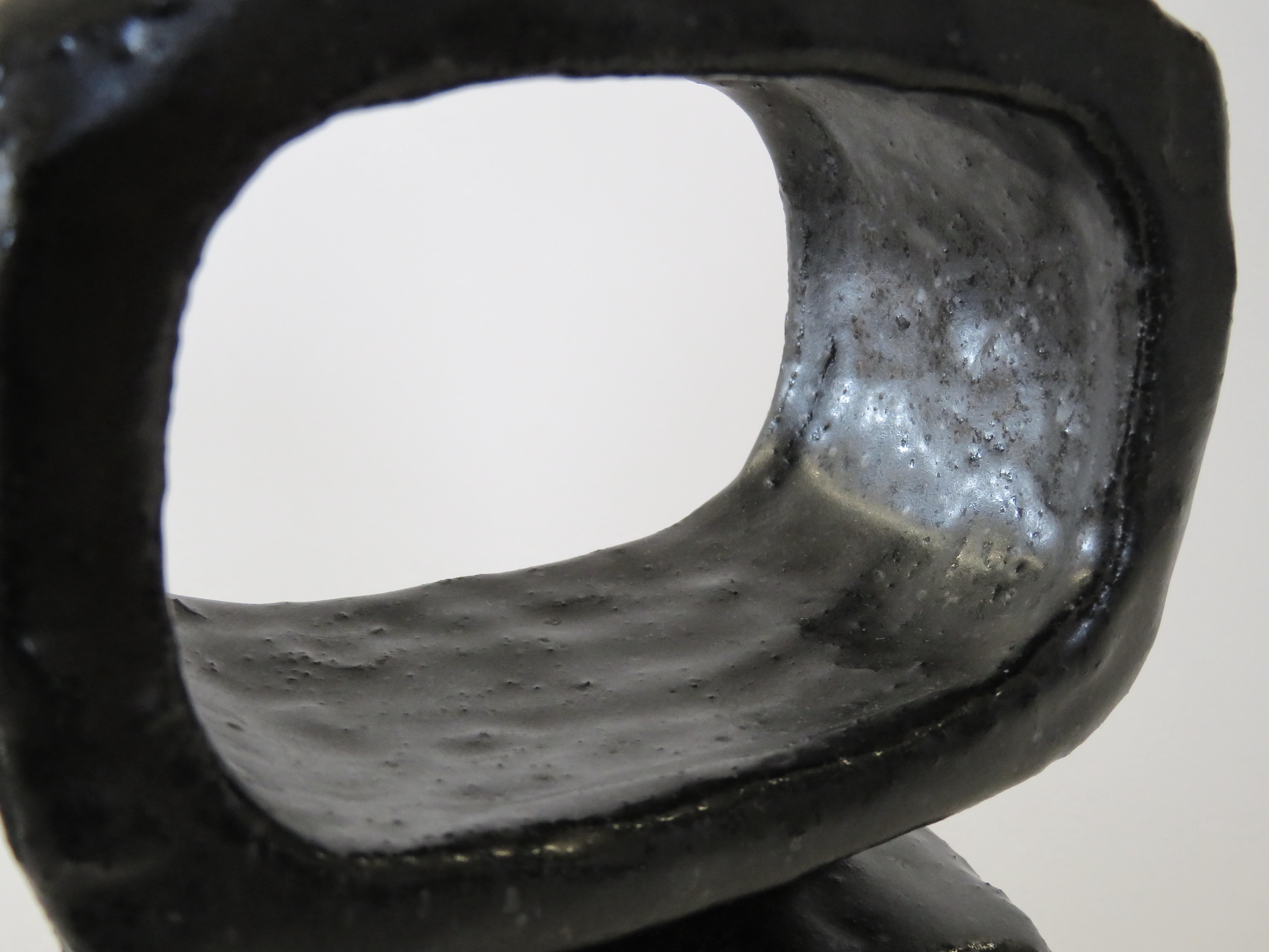 HandBuilt Modern TOTEM, 2 Rectangular Rings on Curved Base, Black Glazed Ceramic 9