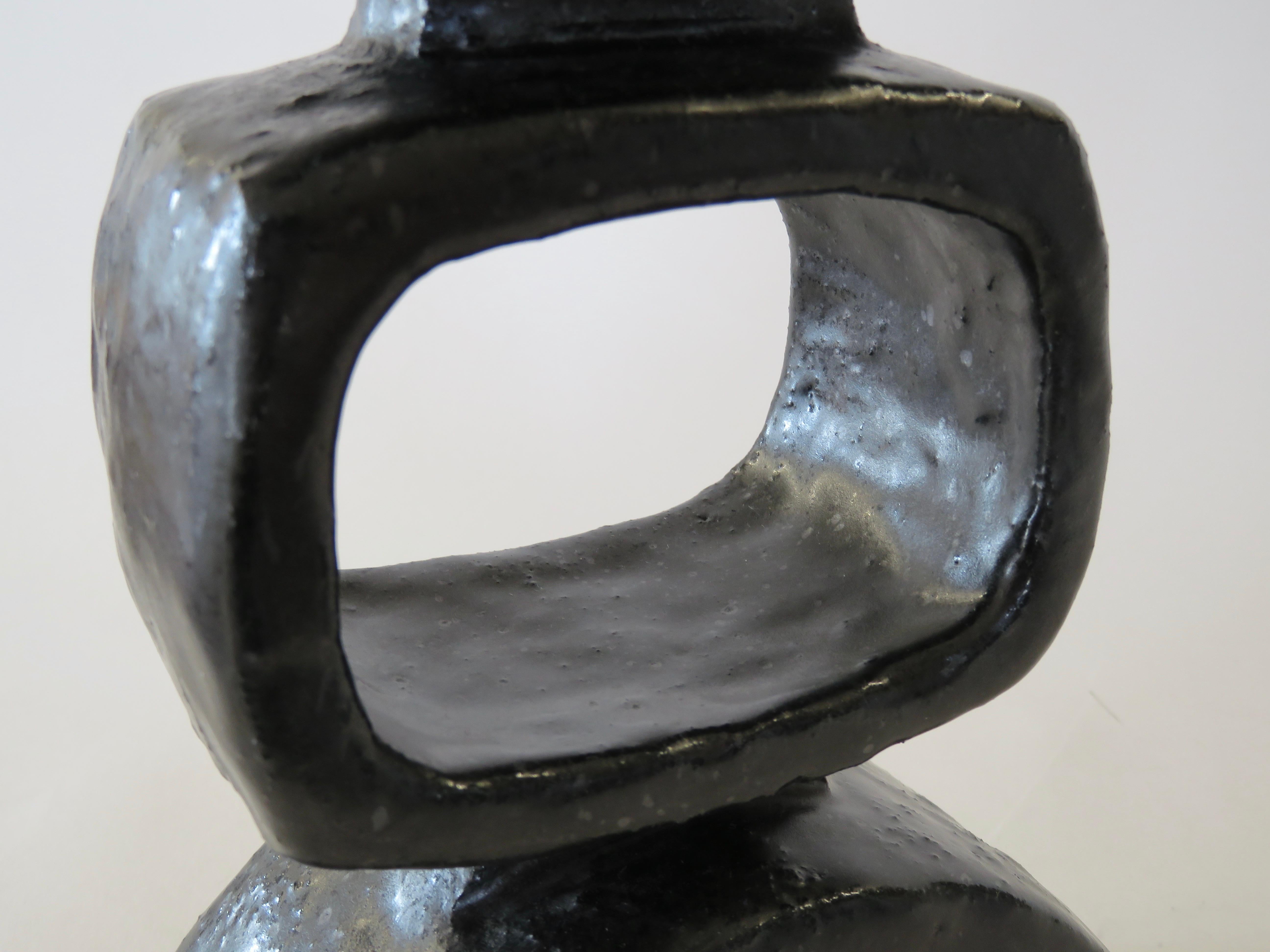 HandBuilt Modern TOTEM, 2 Rectangular Rings on Curved Base, Black Glazed Ceramic 10