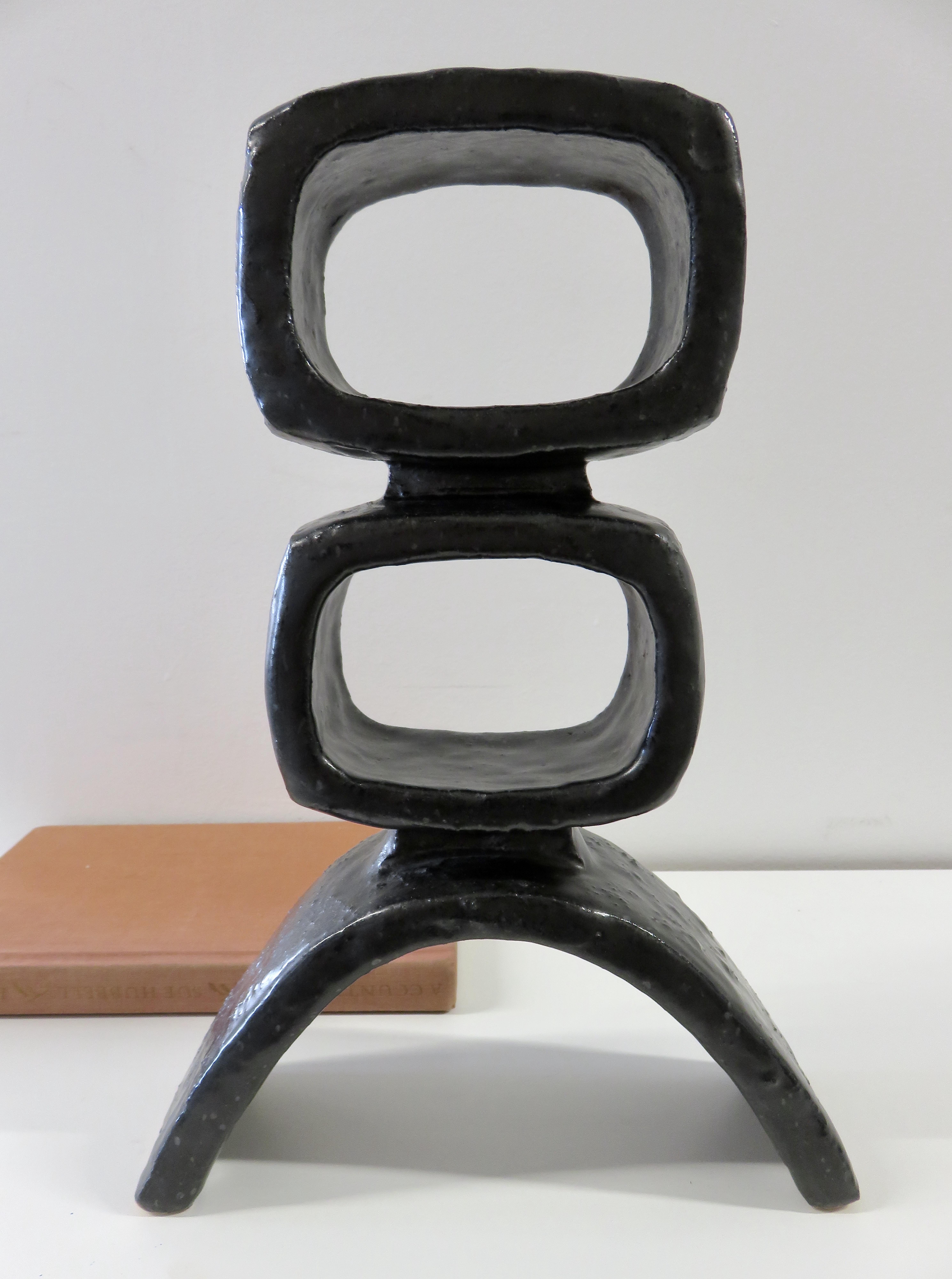 HandBuilt Modern TOTEM, 2 Rectangular Rings on Curved Base, Black Glazed Ceramic 12