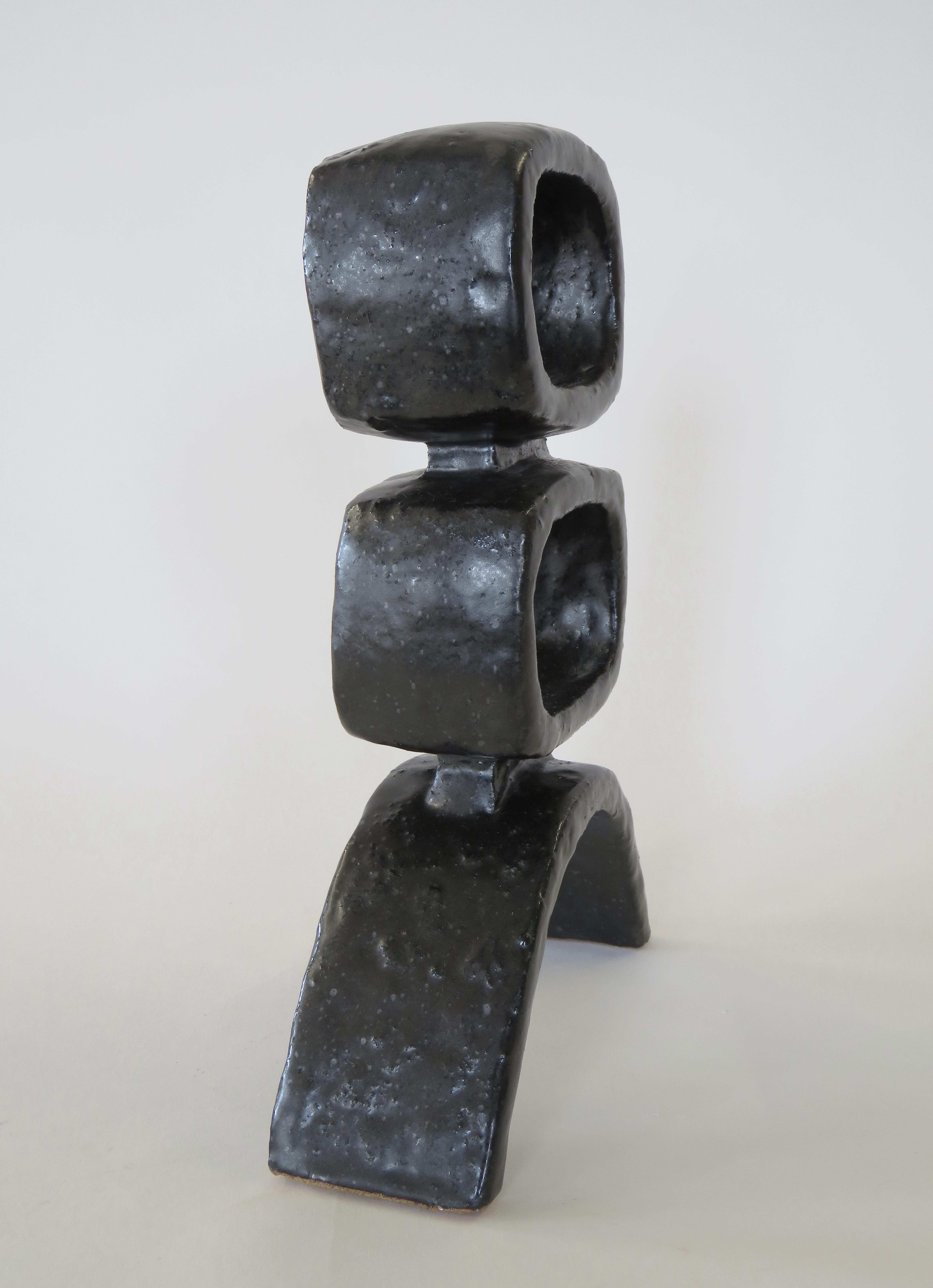 American HandBuilt Modern TOTEM, 2 Rectangular Rings on Curved Base, Black Glazed Ceramic