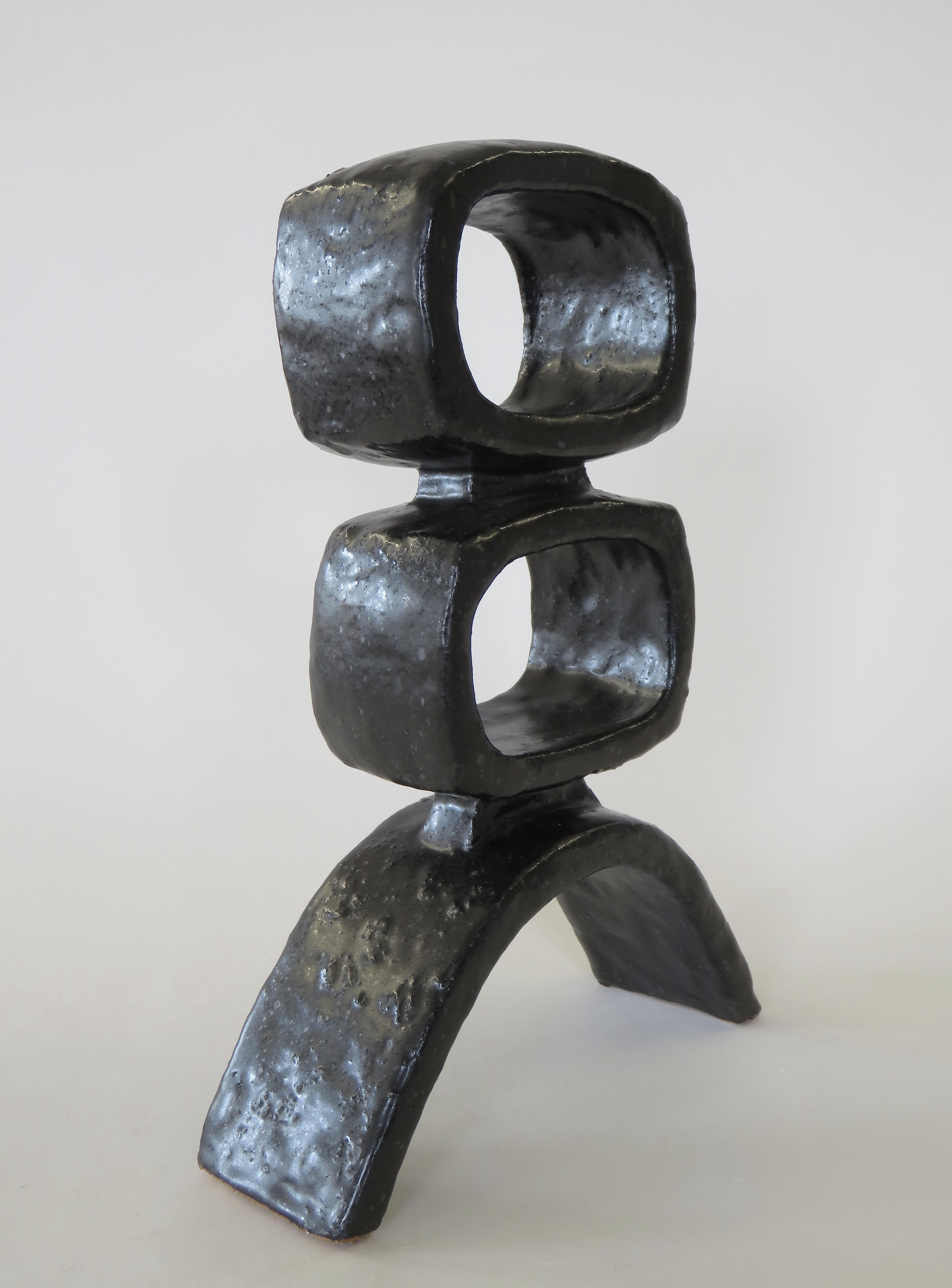 HandBuilt Modern TOTEM, 2 Rectangular Rings on Curved Base, Black Glazed Ceramic In New Condition In New York, NY