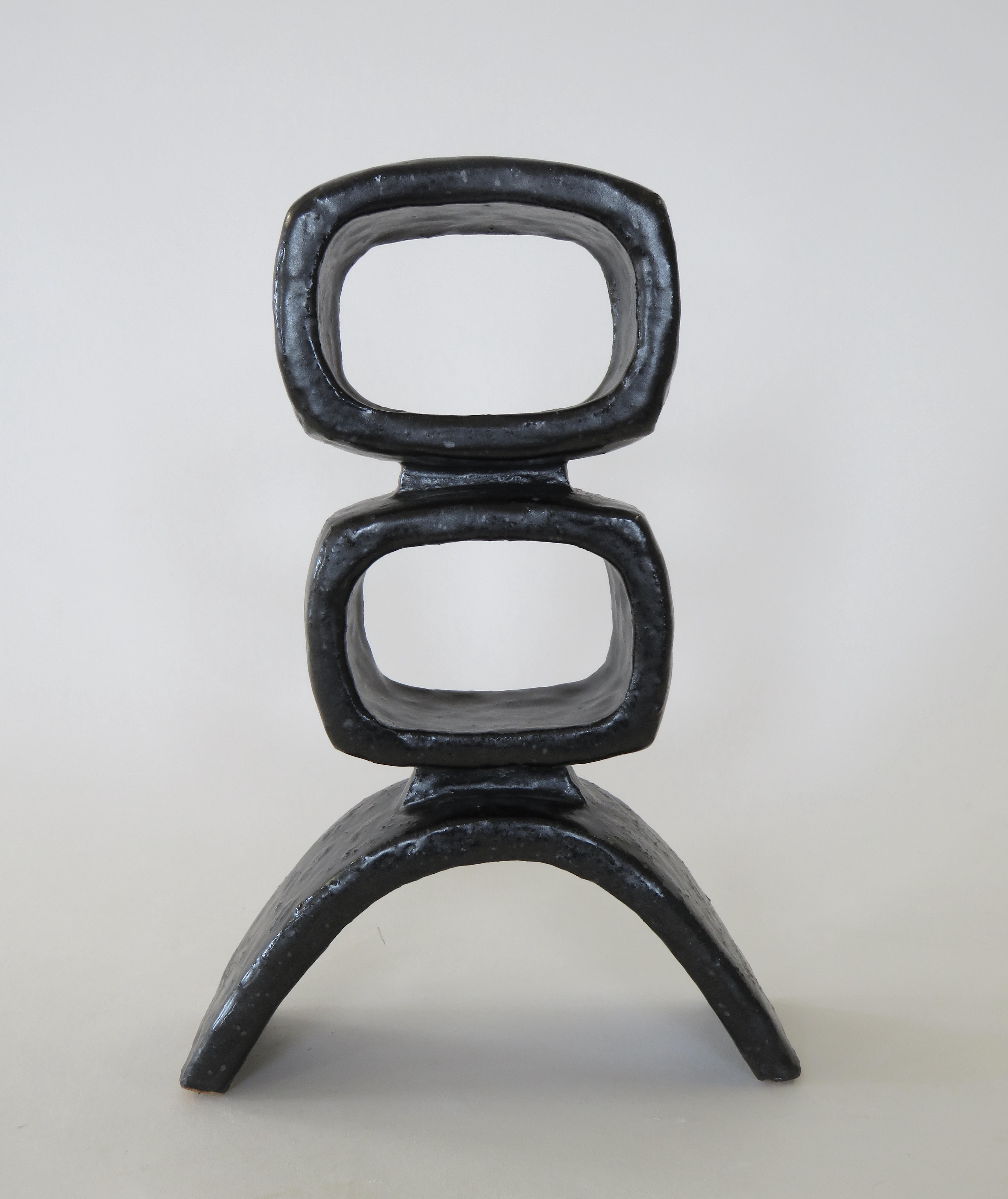 Contemporary HandBuilt Modern TOTEM, 2 Rectangular Rings on Curved Base, Black Glazed Ceramic