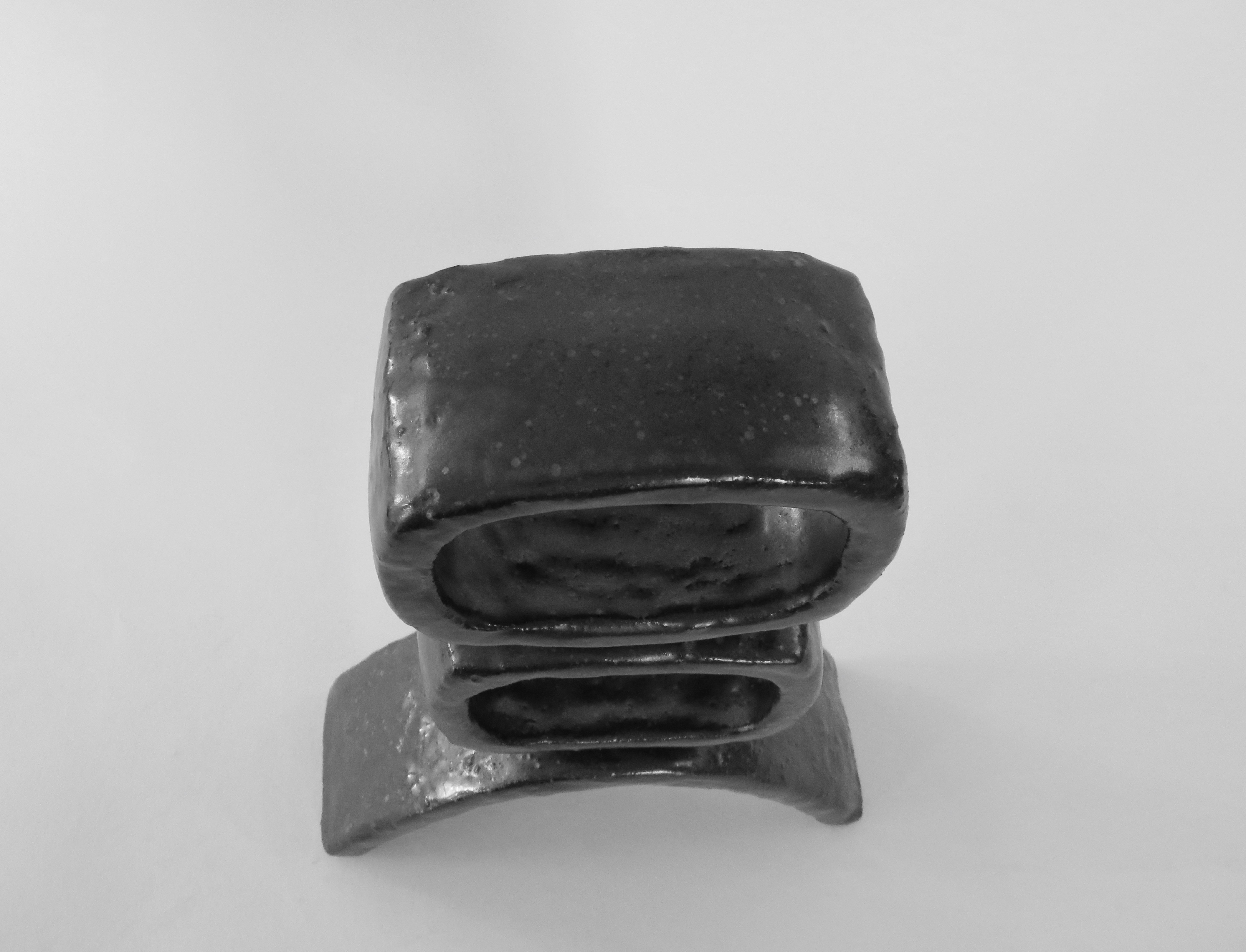 HandBuilt Modern TOTEM, 2 Rectangular Rings on Curved Base, Black Glazed Ceramic 2