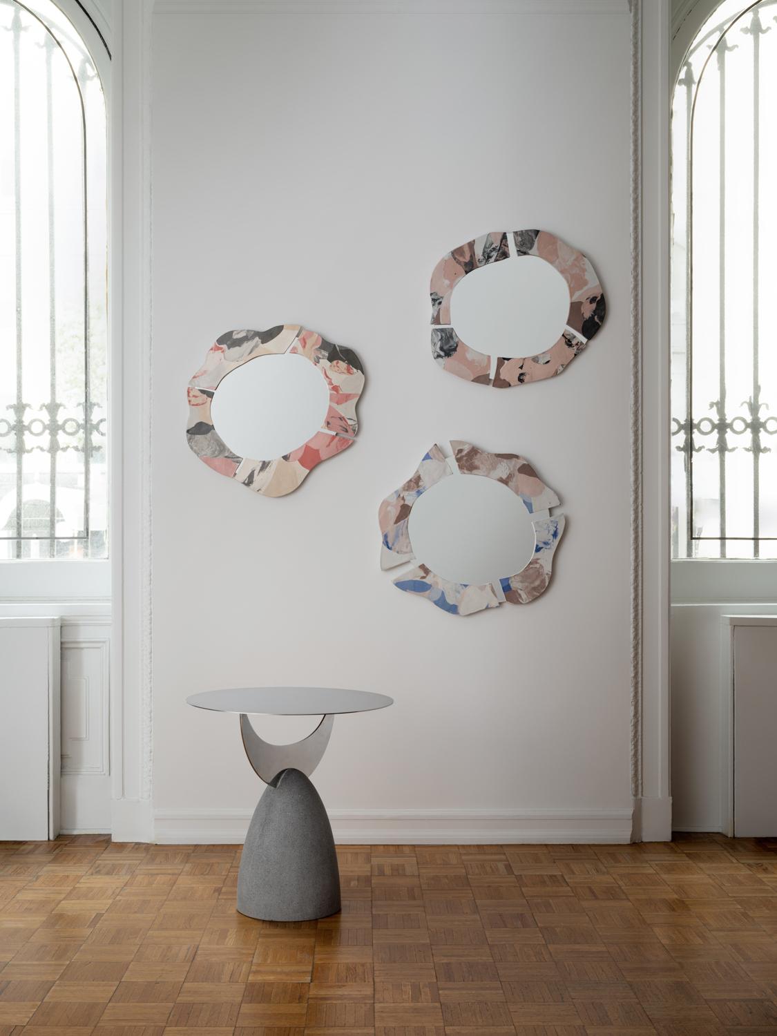 Hand-Crafted Hand-crafted Pink and Grey Porcelain Framed Round Wall Mirror For Sale