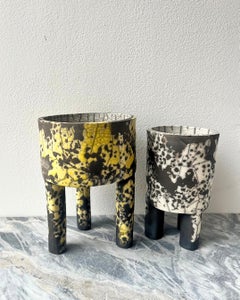 Hand-built Raku-Fired Tripod Vessel, Yellow Dalmatian Crackle Glaze
