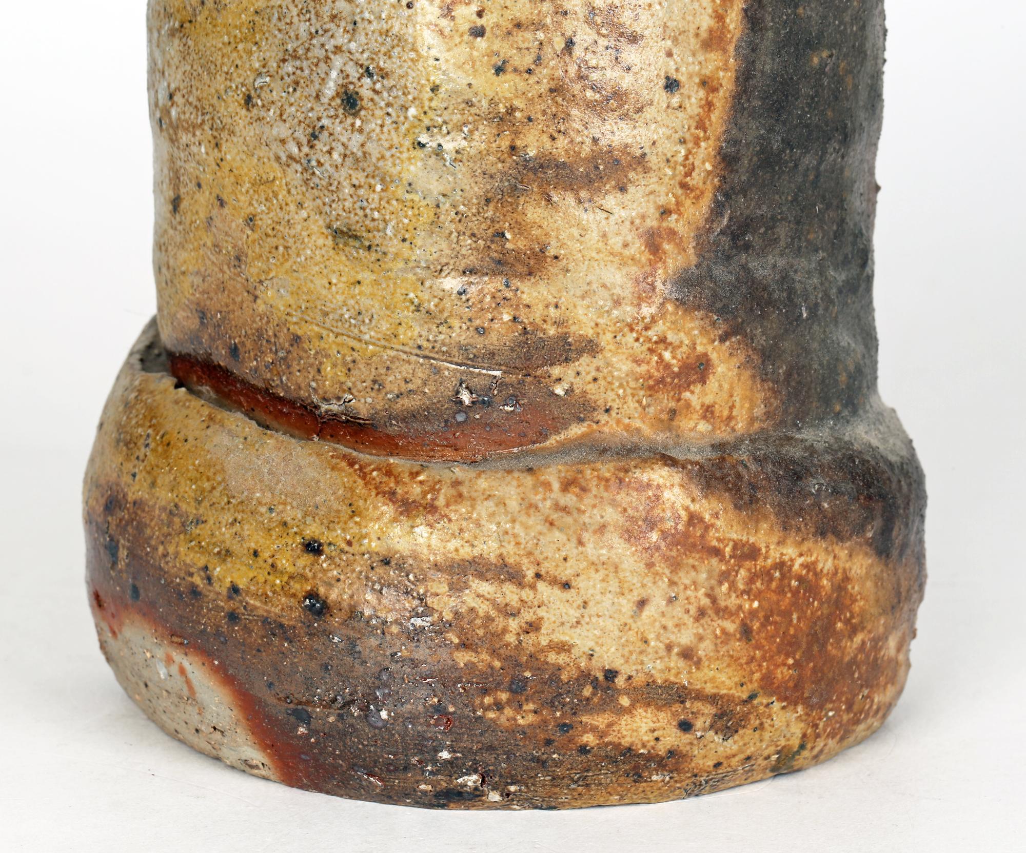 Modern Hand Built Sculptural Wood Fired Twin Handled Signed Studio Pottery Vase For Sale