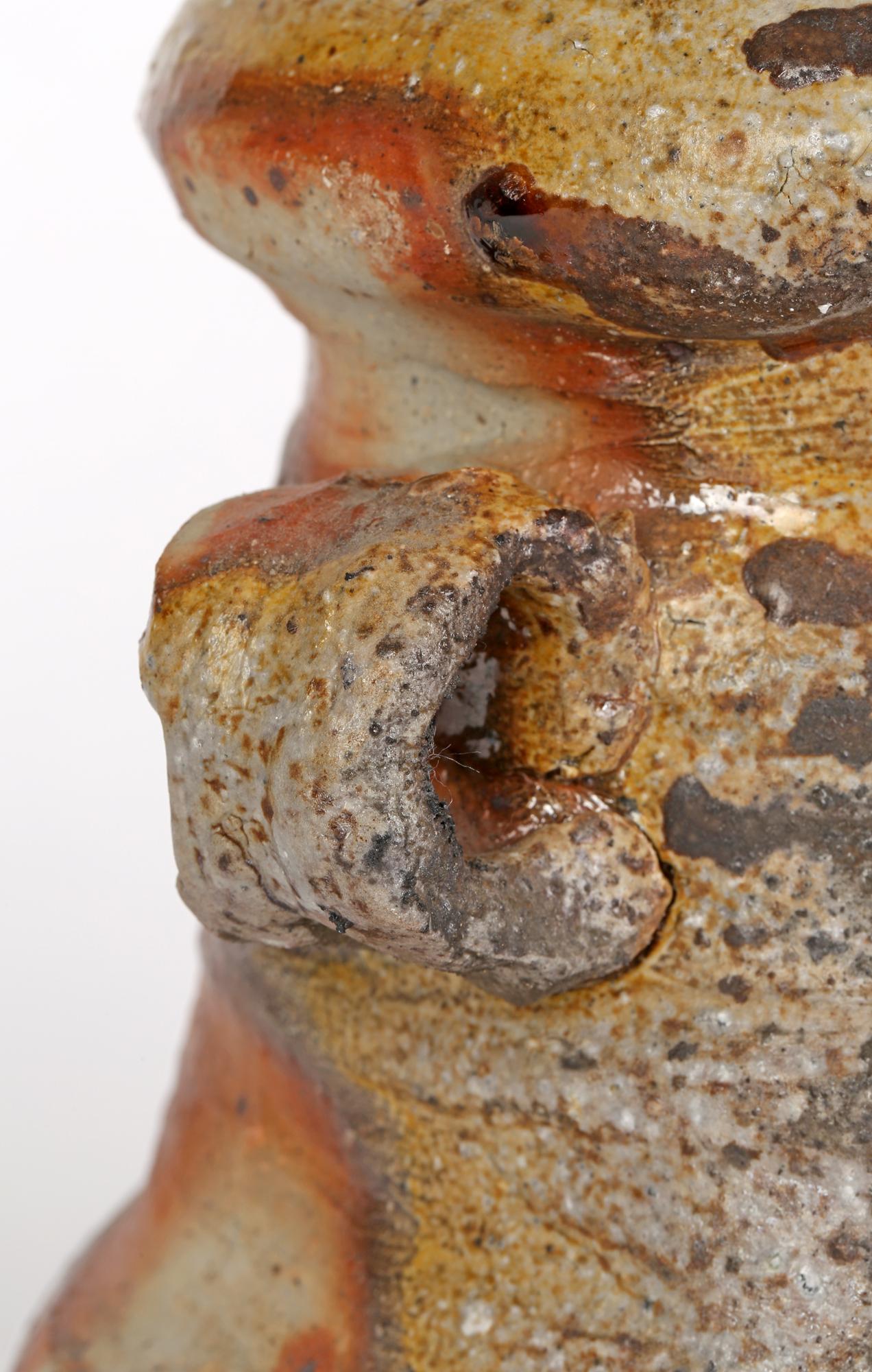 Glazed Hand Built Sculptural Wood Fired Twin Handled Signed Studio Pottery Vase For Sale