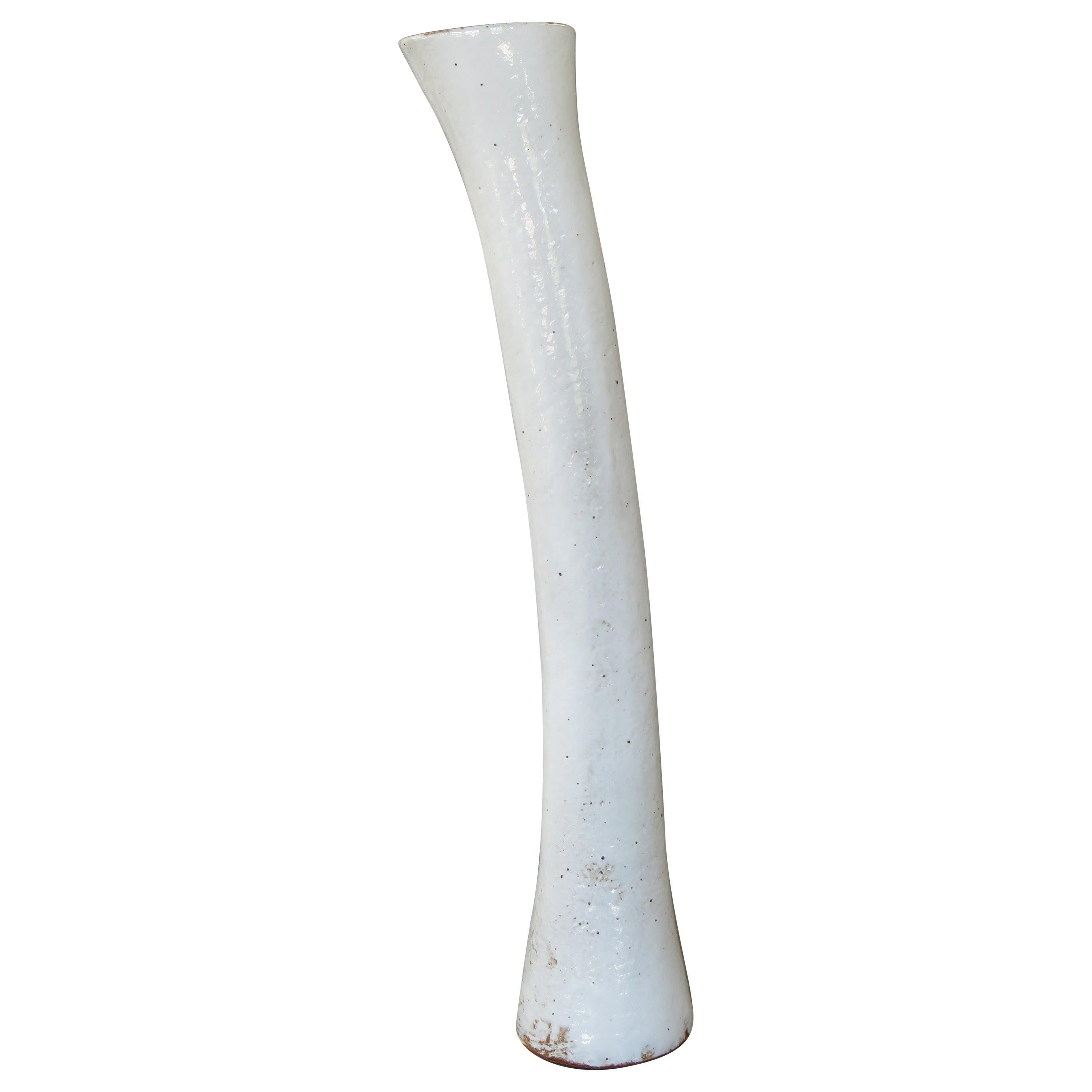 Tall Arcing Ceramic Vase, White Glaze with Brown Edge, Hand Built