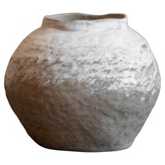 Hand built vase matte white with white porcelain pattern in minimal style