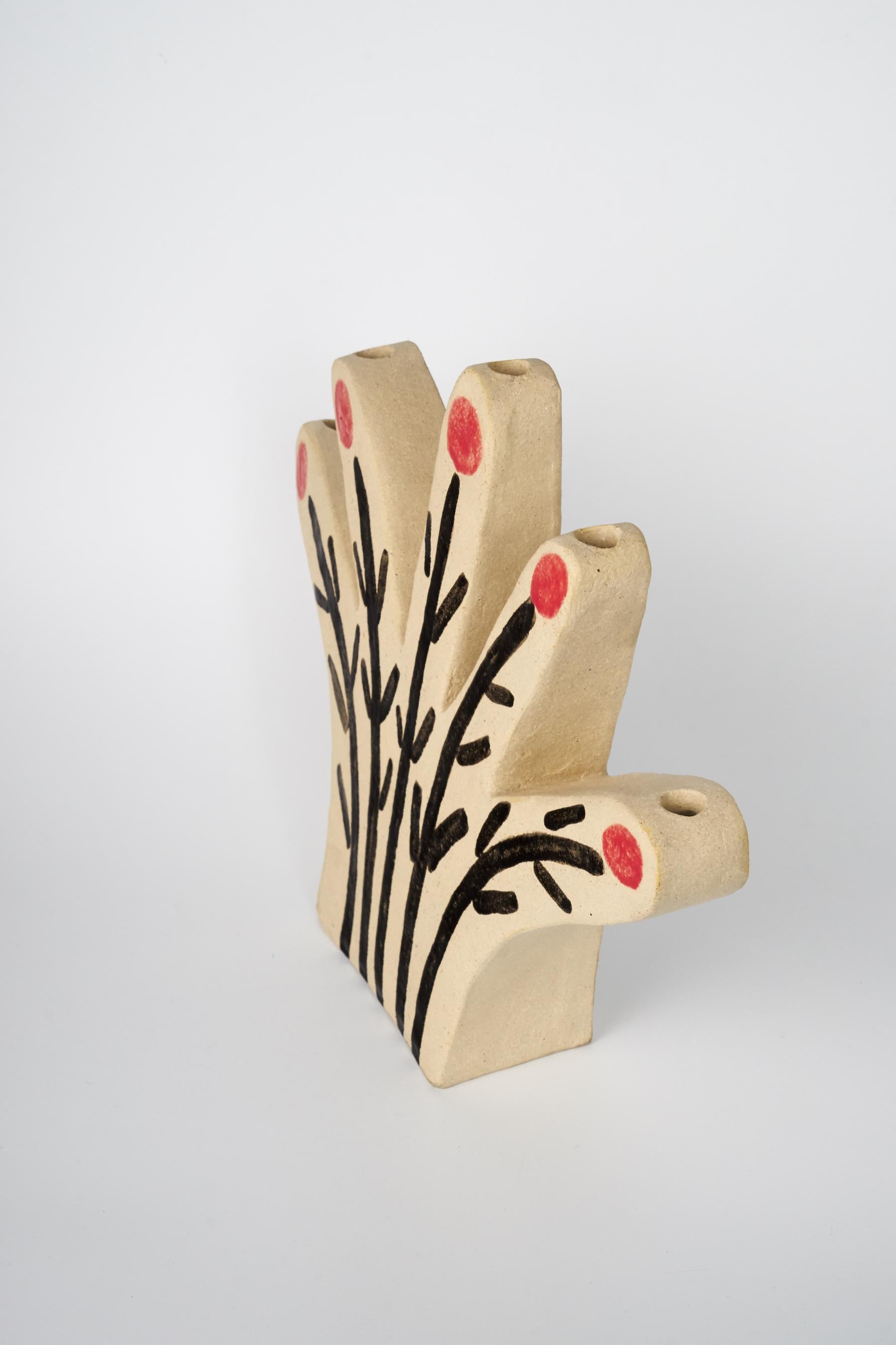 Hand candleholder is a unique hand painted sculpture in the red and black glaze on chamotte clay. Modelled, partially glazed. Numbered by the artist at the bottom. It can be used as a candleholder or a vase.
 