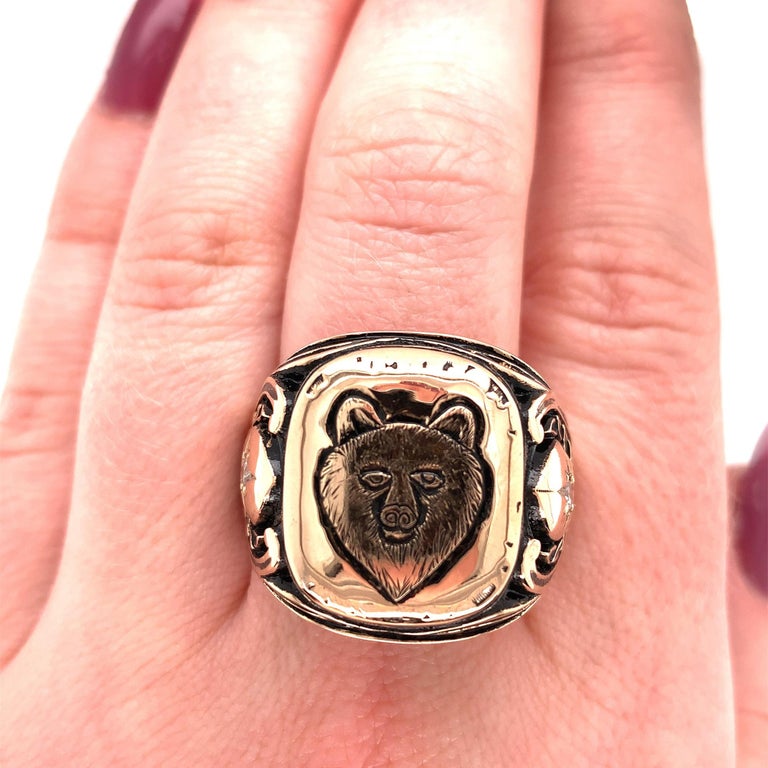 Hand Carved 14K Yellow Gold Men's Bear Ring For Sale at 1stDibs