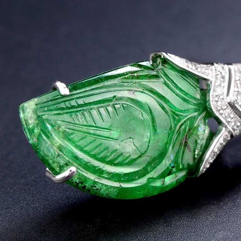 Art Deco Hand-Carved 16.66 Carat Emerald Pin/Brooch