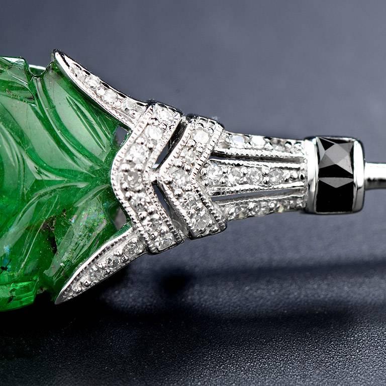 French Cut Hand-Carved 16.66 Carat Emerald Pin/Brooch