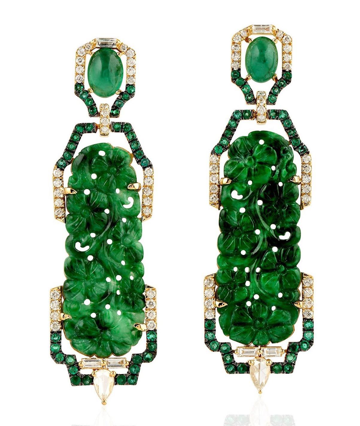 Mixed Cut Hand Carved 18.35 Carat Jade Emerald 18 Karat Gold Diamond Earrings For Sale