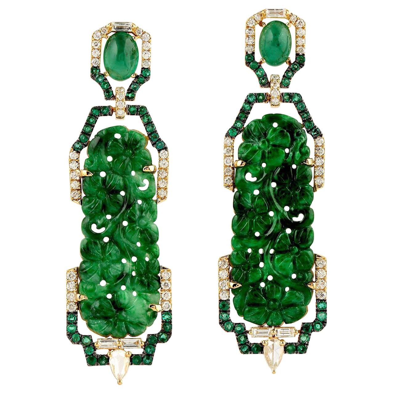 Hand Carved 18.35 Carat Jade Emerald 18 Karat Gold Diamond Earrings