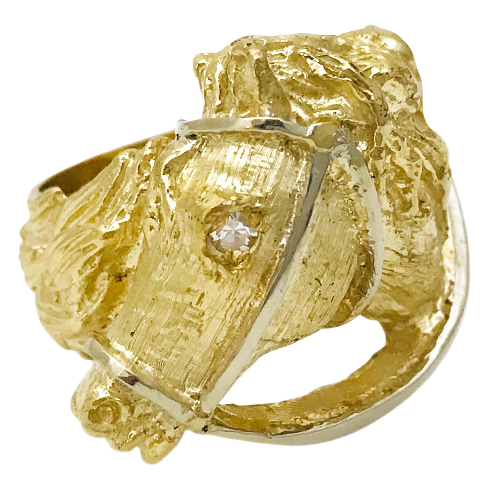Bague tête de cheval en or jaune 18K sculptée à la main