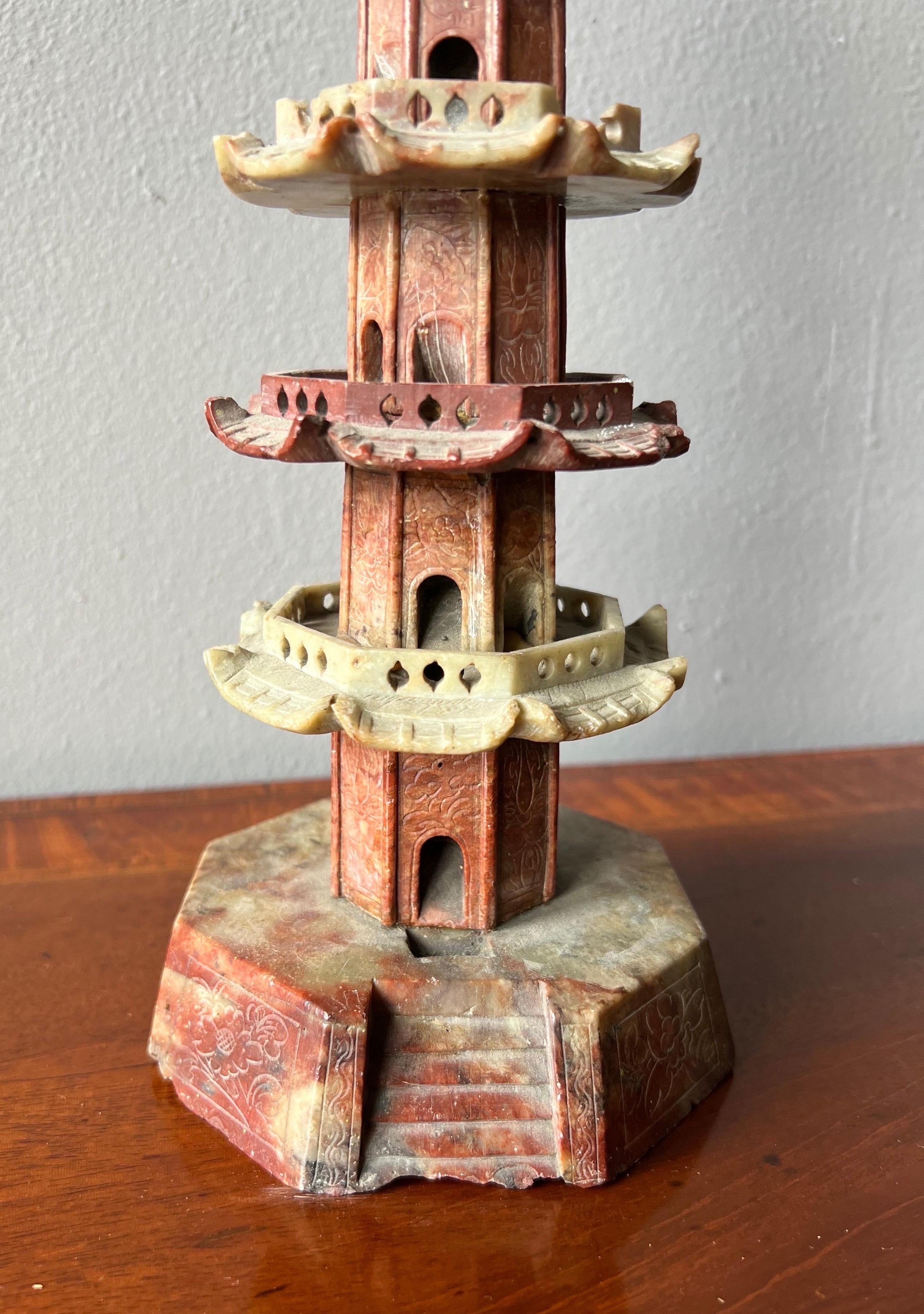 Interesting and colorful hand carved 19th century soapstone pagoda.