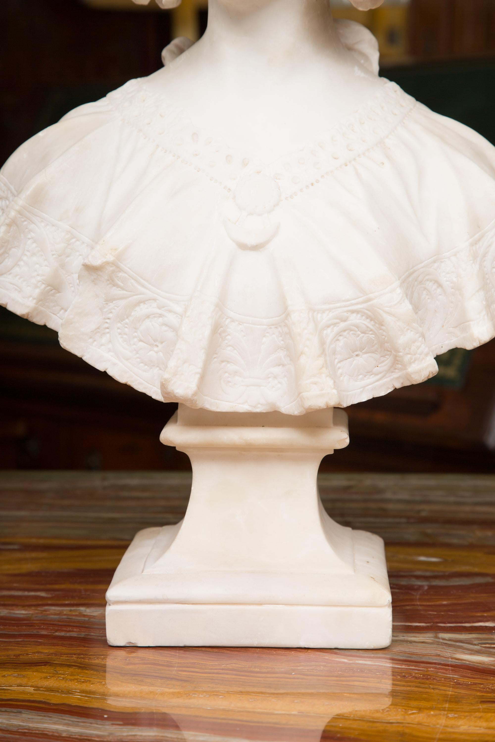 Hand Carved 19th Century French Carrara Marble Bust of a Young Lady 4
