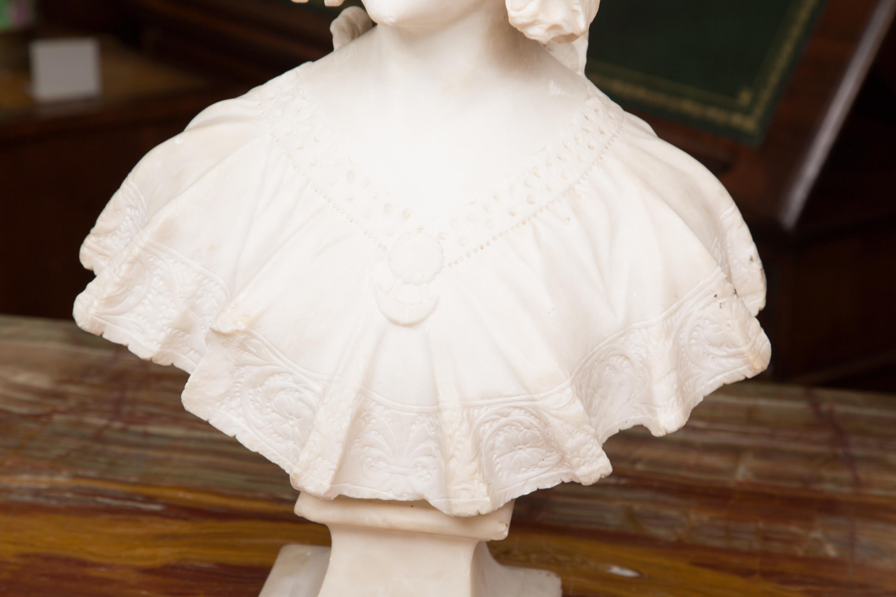 Hand Carved 19th Century French Carrara Marble Bust of a Young Lady 5