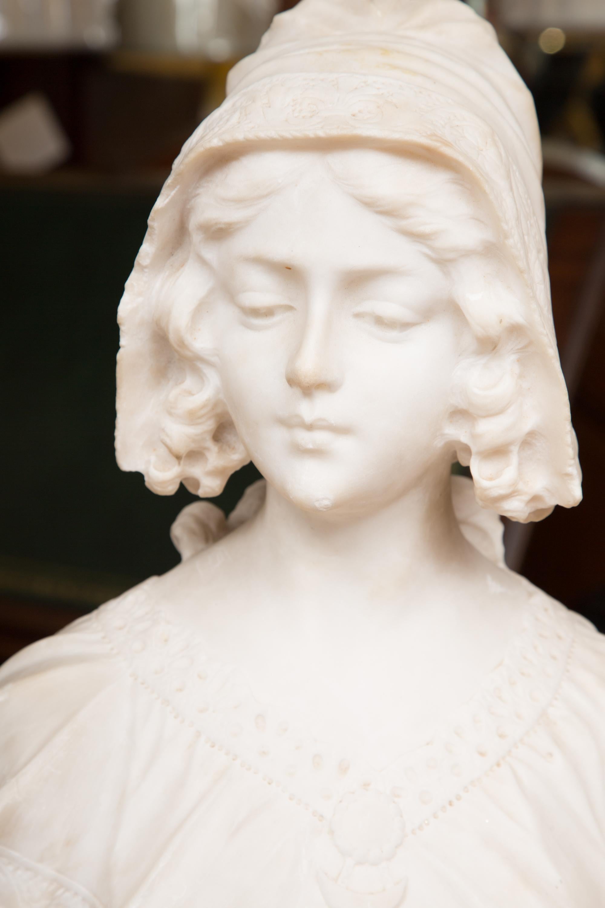 Hand Carved 19th Century French Carrara Marble Bust of a Young Lady 6