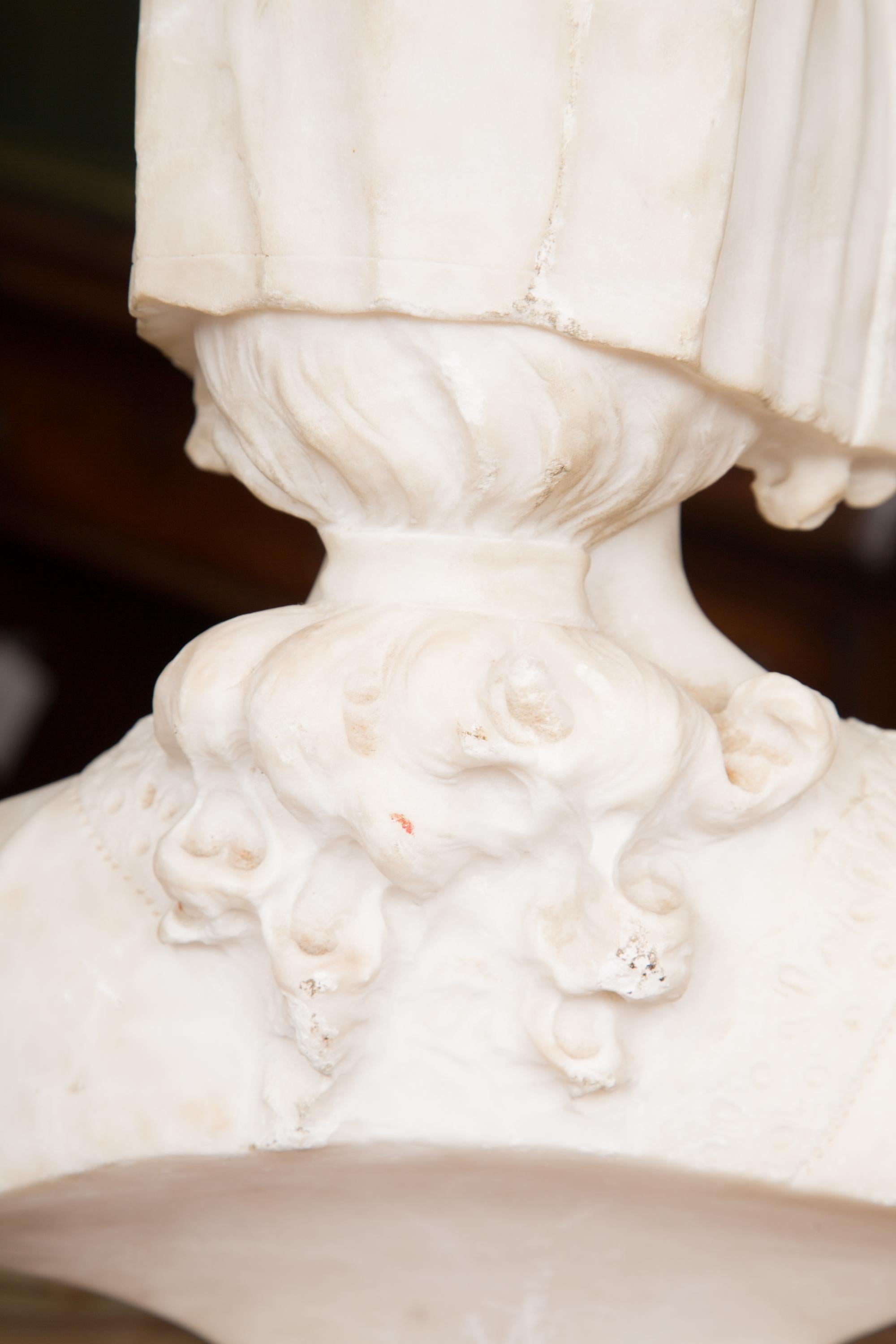 Hand-Carved Hand Carved 19th Century French Carrara Marble Bust of a Young Lady
