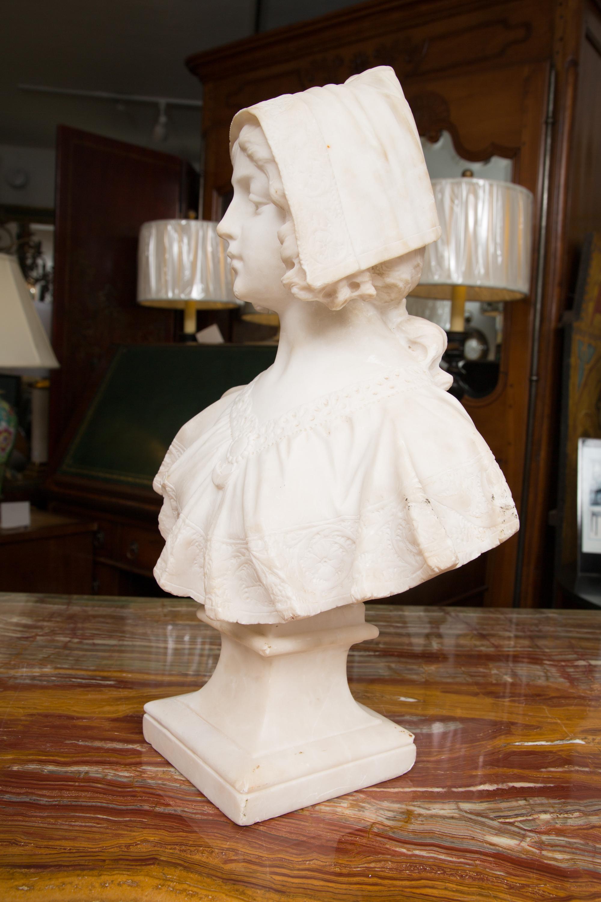 Late 19th Century Hand Carved 19th Century French Carrara Marble Bust of a Young Lady
