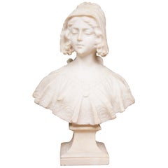 Hand Carved 19th Century French Carrara Marble Bust of a Young Lady
