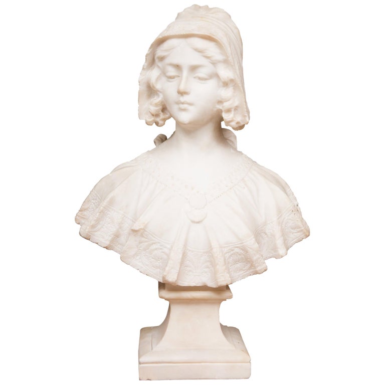 Hand Carved 19th Century French Carrara Marble Bust of a Young Lady at ...