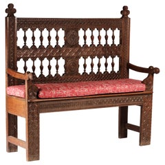 Hand Carved 19th Century French Gothic Revival Oak Hall Bench or Settle