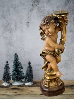 Hand Carved 20th Century Wooden Cherub Angel Candlestick by ANRI, Italy