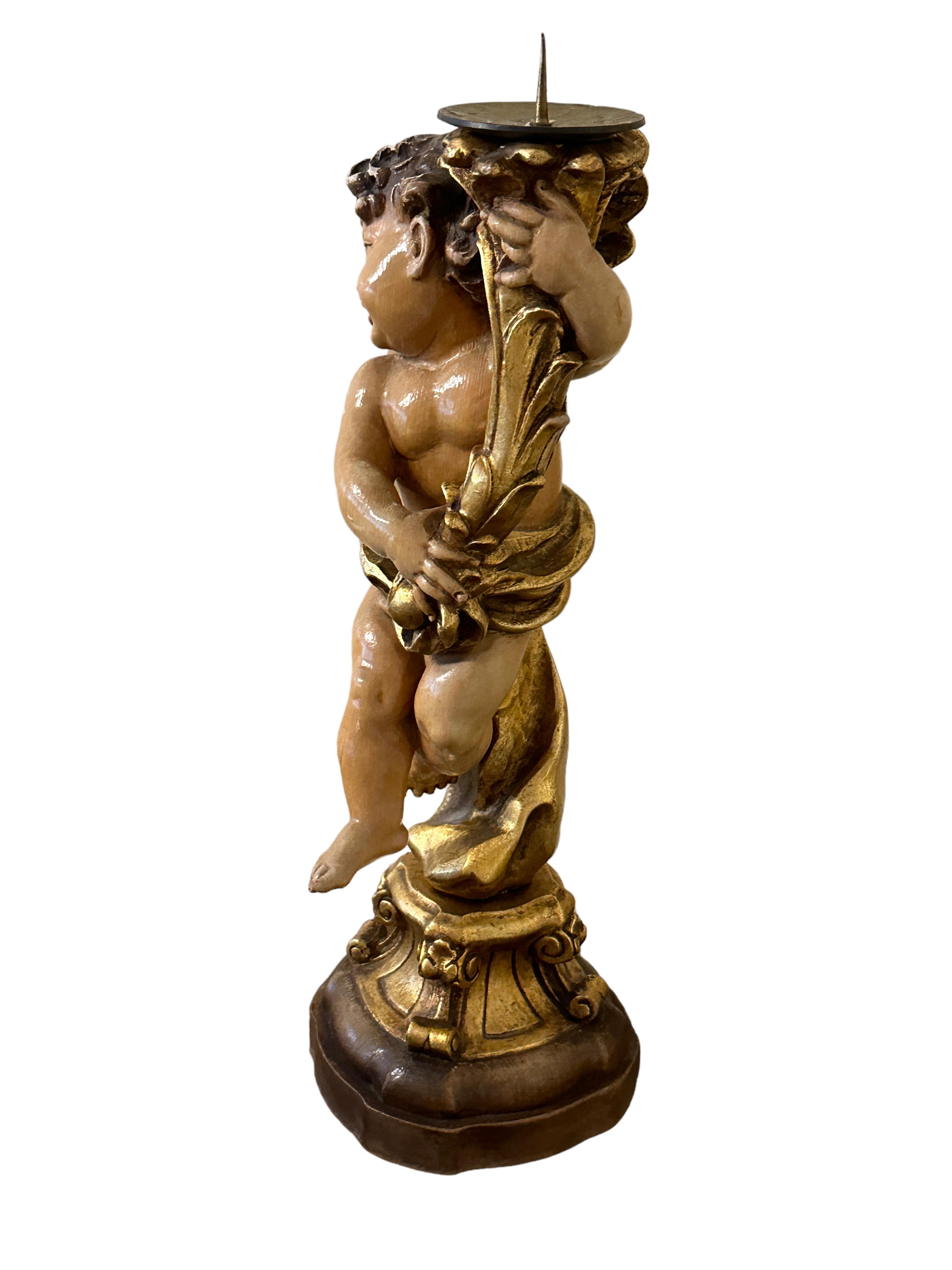 Italian Hand Carved 20th Century Wooden Cherub Angel Candlestick by ANRI, Italy For Sale