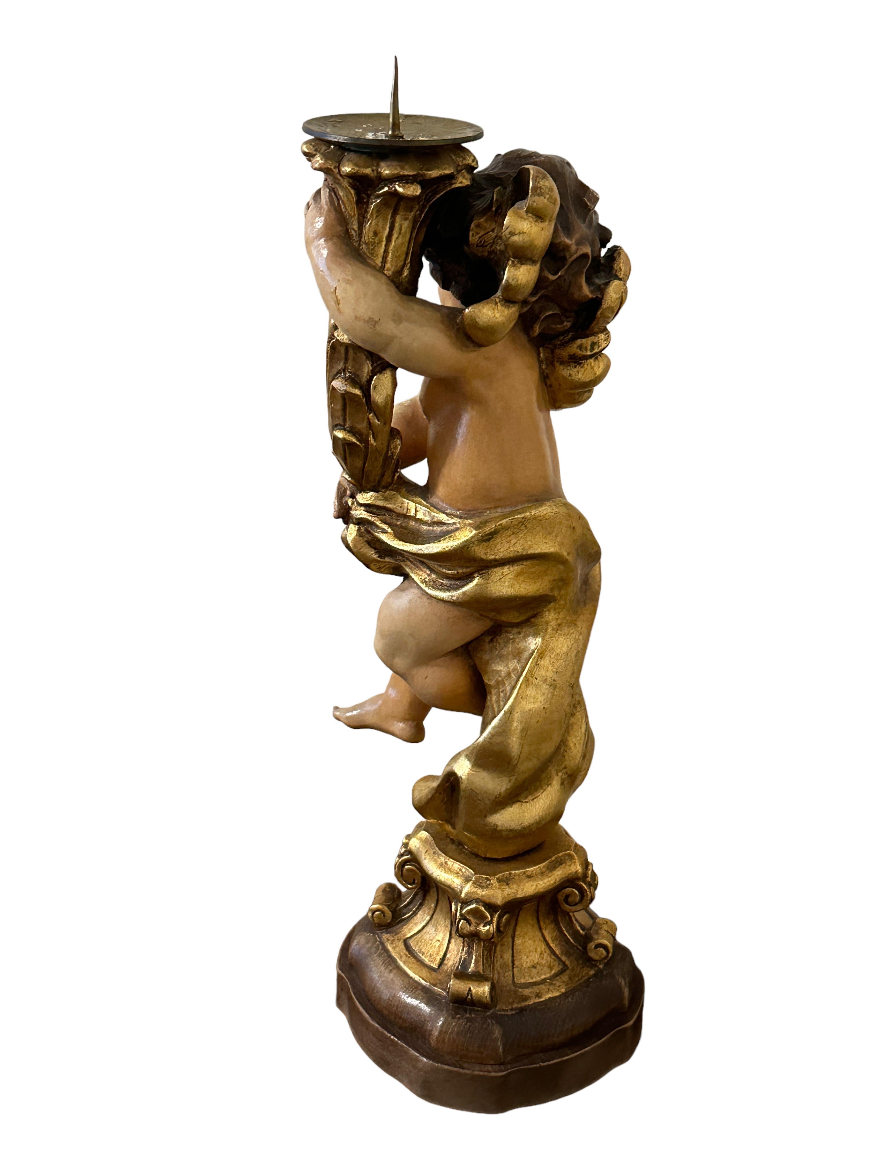 Hand-Carved Hand Carved 20th Century Wooden Cherub Angel Candlestick by ANRI, Italy For Sale