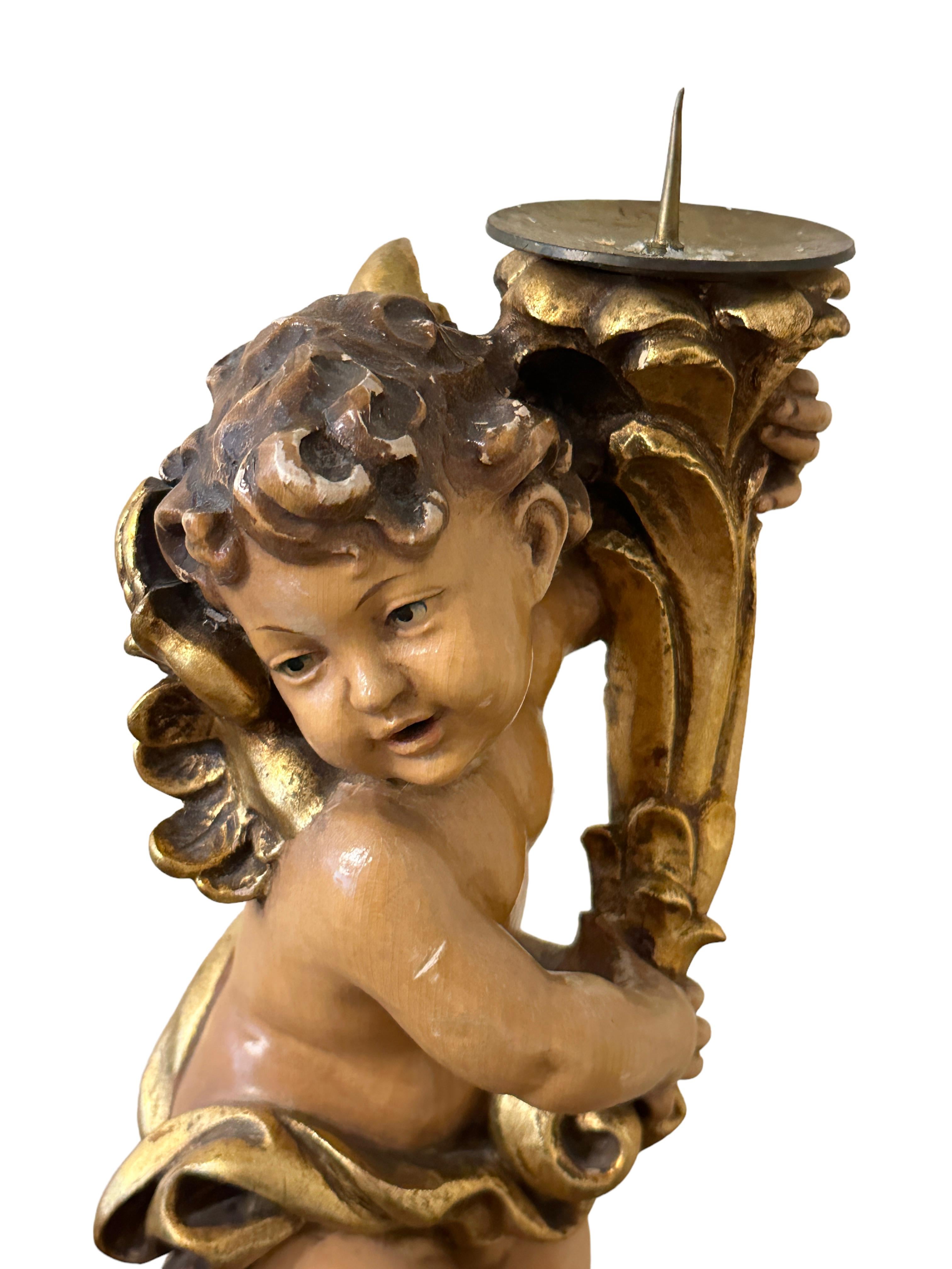 Mid-20th Century Hand Carved 20th Century Wooden Cherub Angel Candlestick by ANRI, Italy For Sale