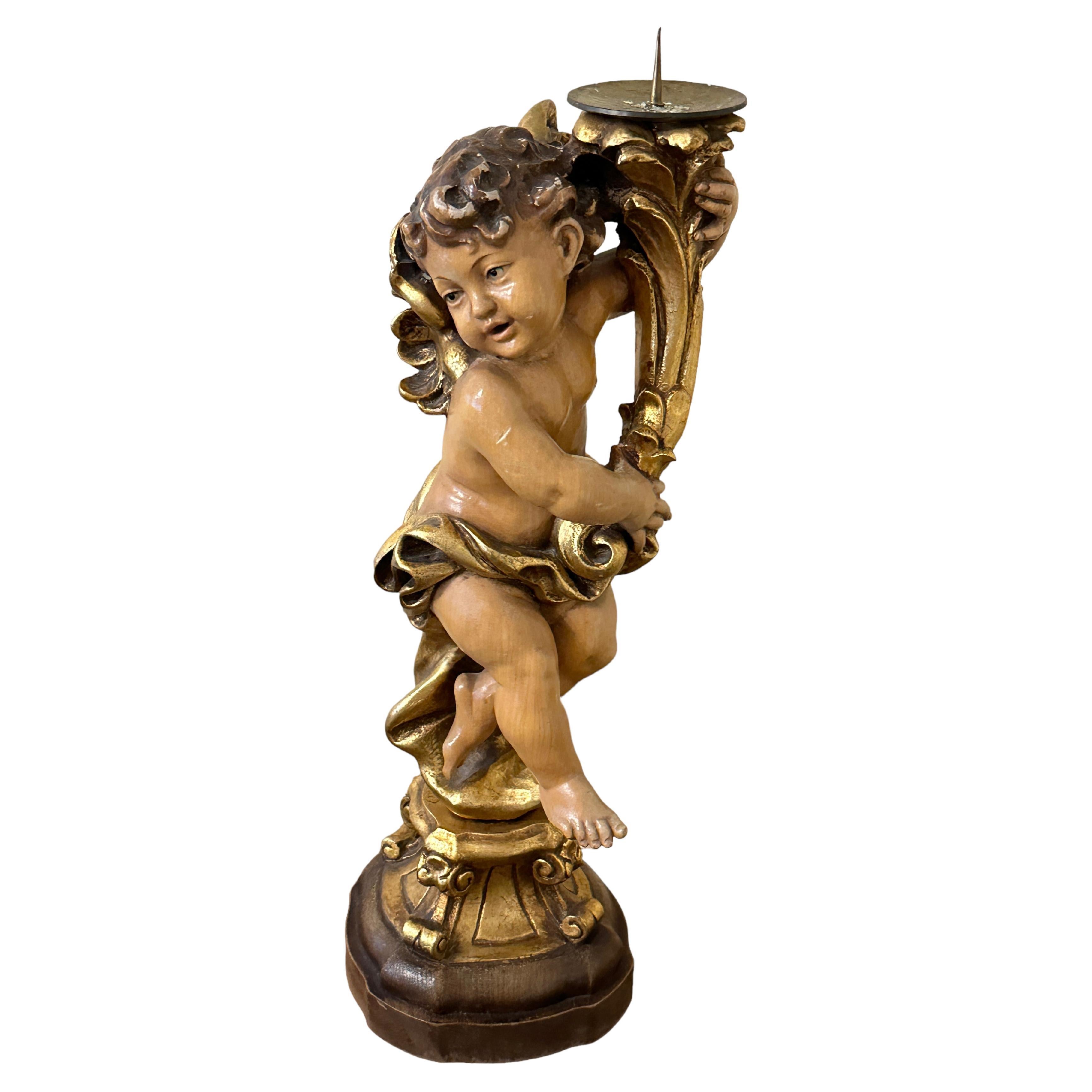 Hand Carved 20th Century Wooden Cherub Angel Candlestick by ANRI, Italy For Sale